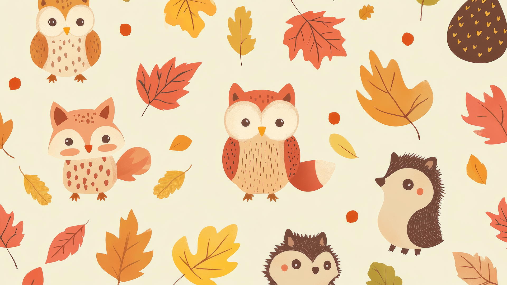 preppy fall wallpaper with pastel woodland creatures and autumn leaves