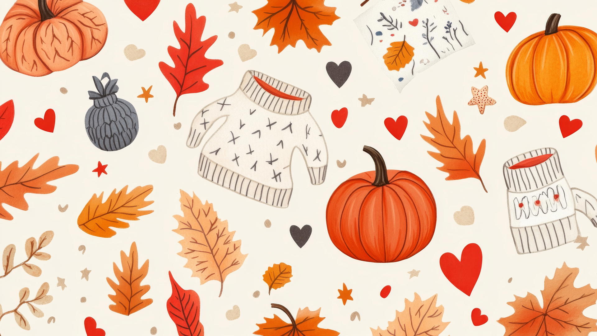 preppy fall wallpaper with hand-drawn postcards of leaves, pumpkins, and cozy sweaters on cream background