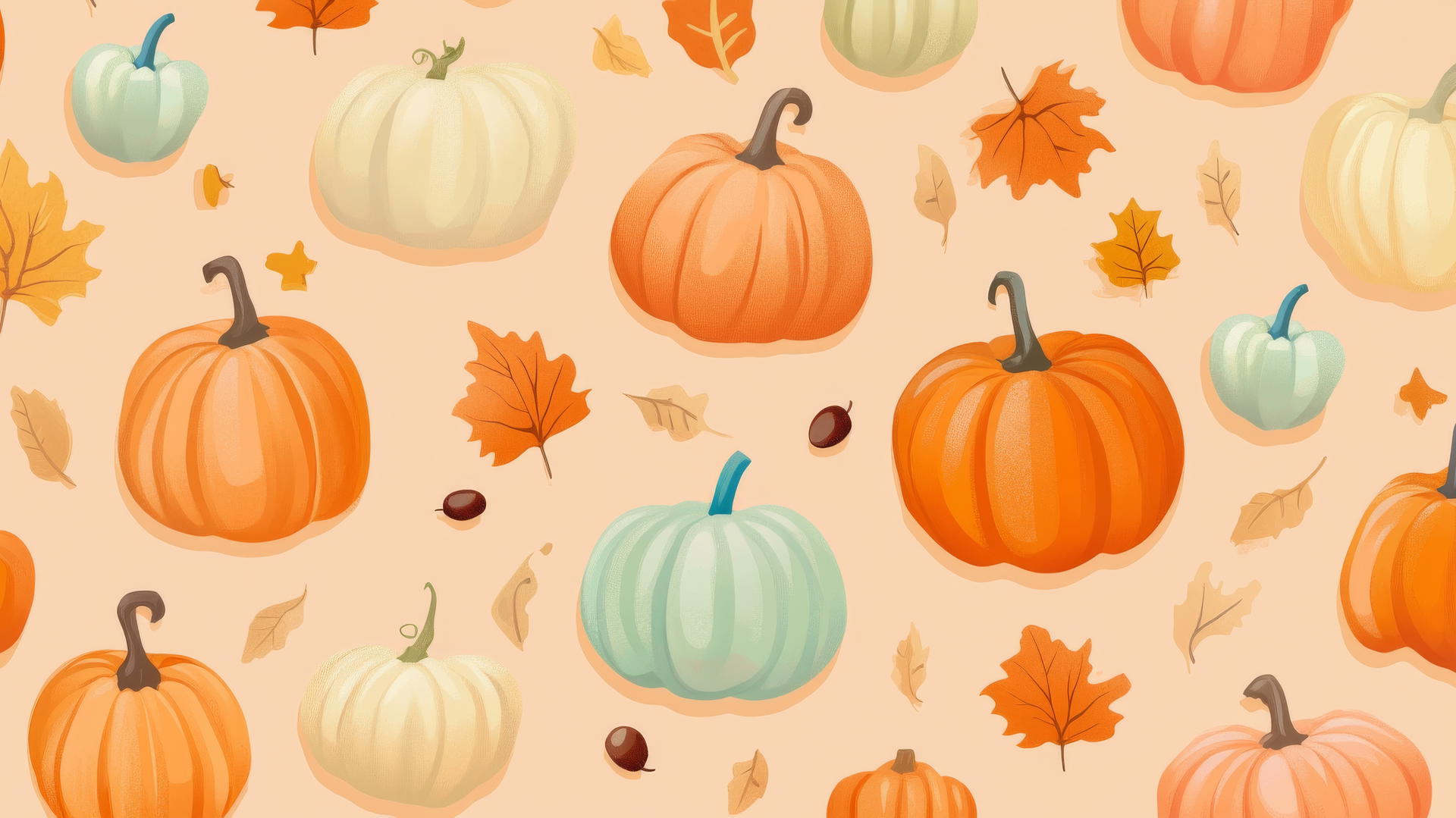 preppy fall wallpaper with pastel pumpkins, gourds, leaves, and acorns on light orange background