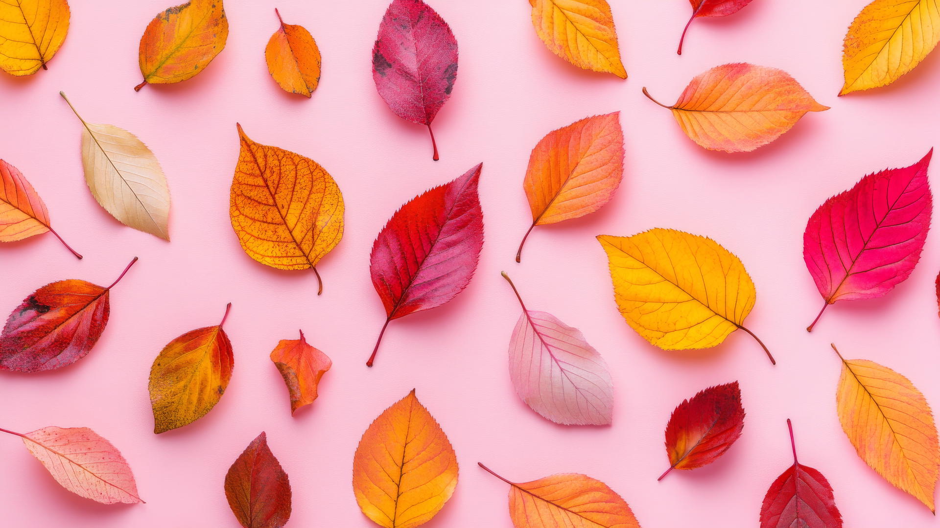 preppy fall wallpaper with colorful fall leaves and plaid accents on a light pink background