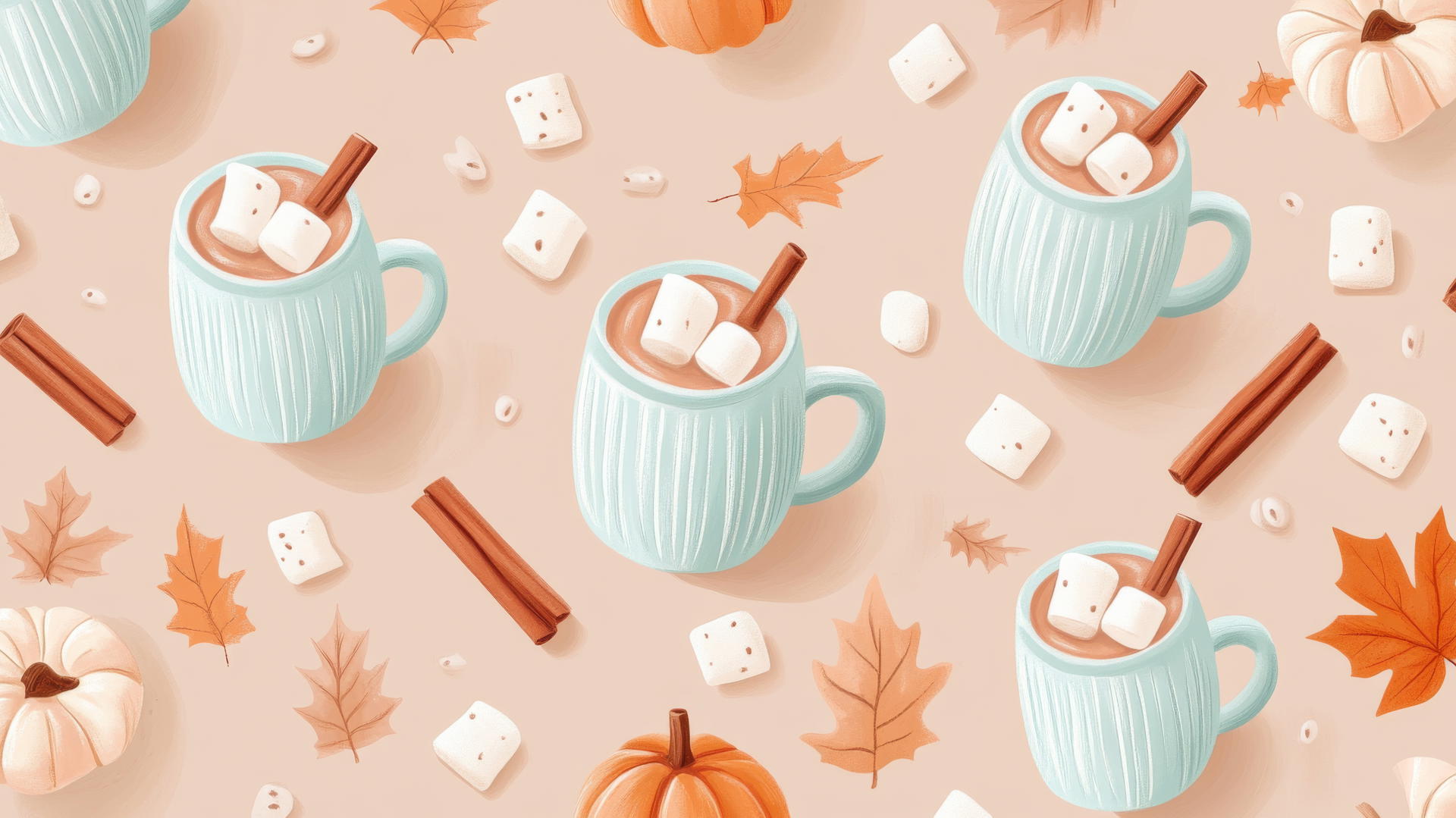 Preppy fall wallpaper with pastel-colored hot cocoa mugs, marshmallows, and cinnamon sticks on a light brown background, with small leaves and pumpkins.