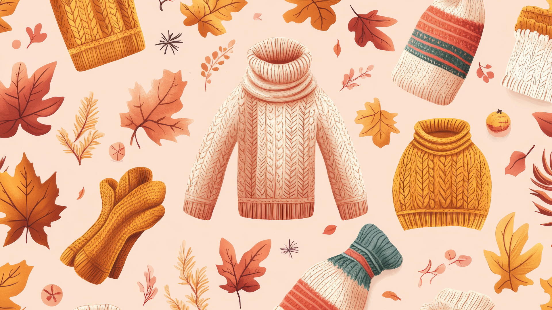 preppy fall wallpaper with cozy knit sweaters, scarves, and mittens on pastel pink background