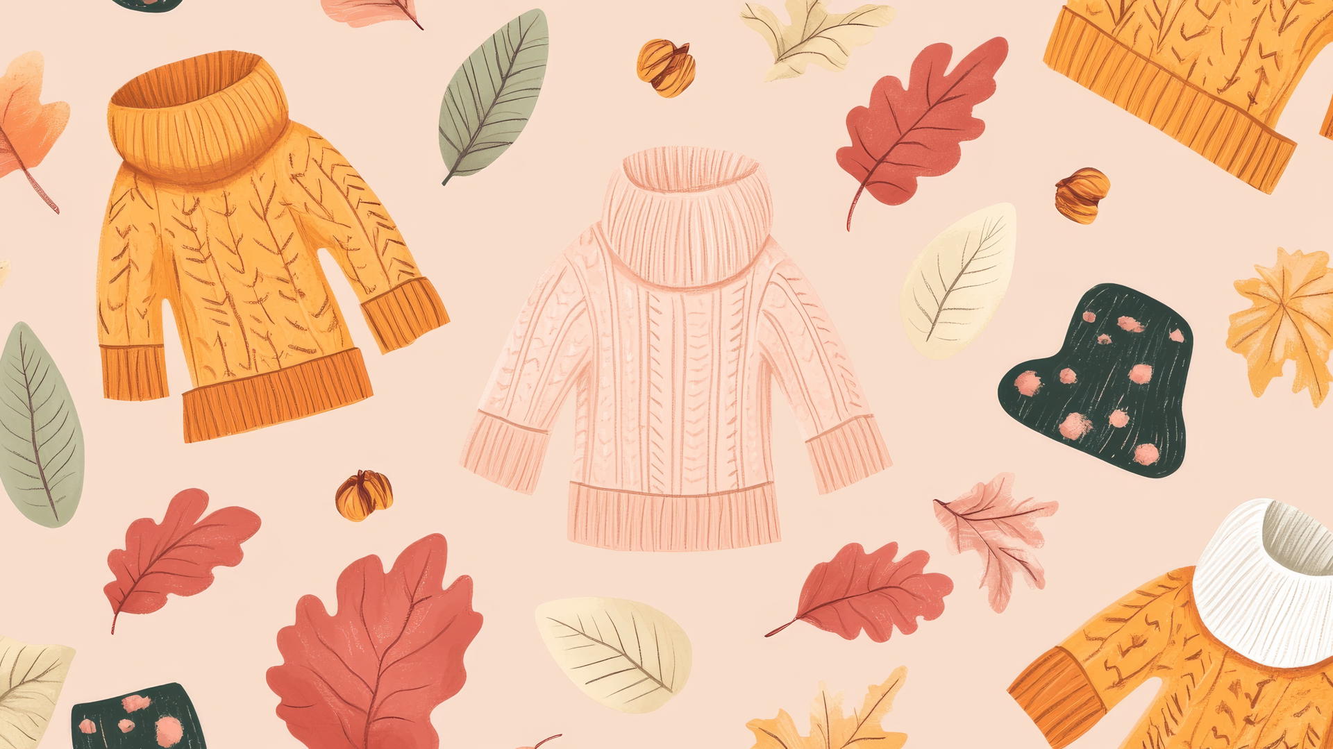 preppy fall wallpaper with cozy knit sweaters, fall scarves, and woolen mittens on a pastel pink background