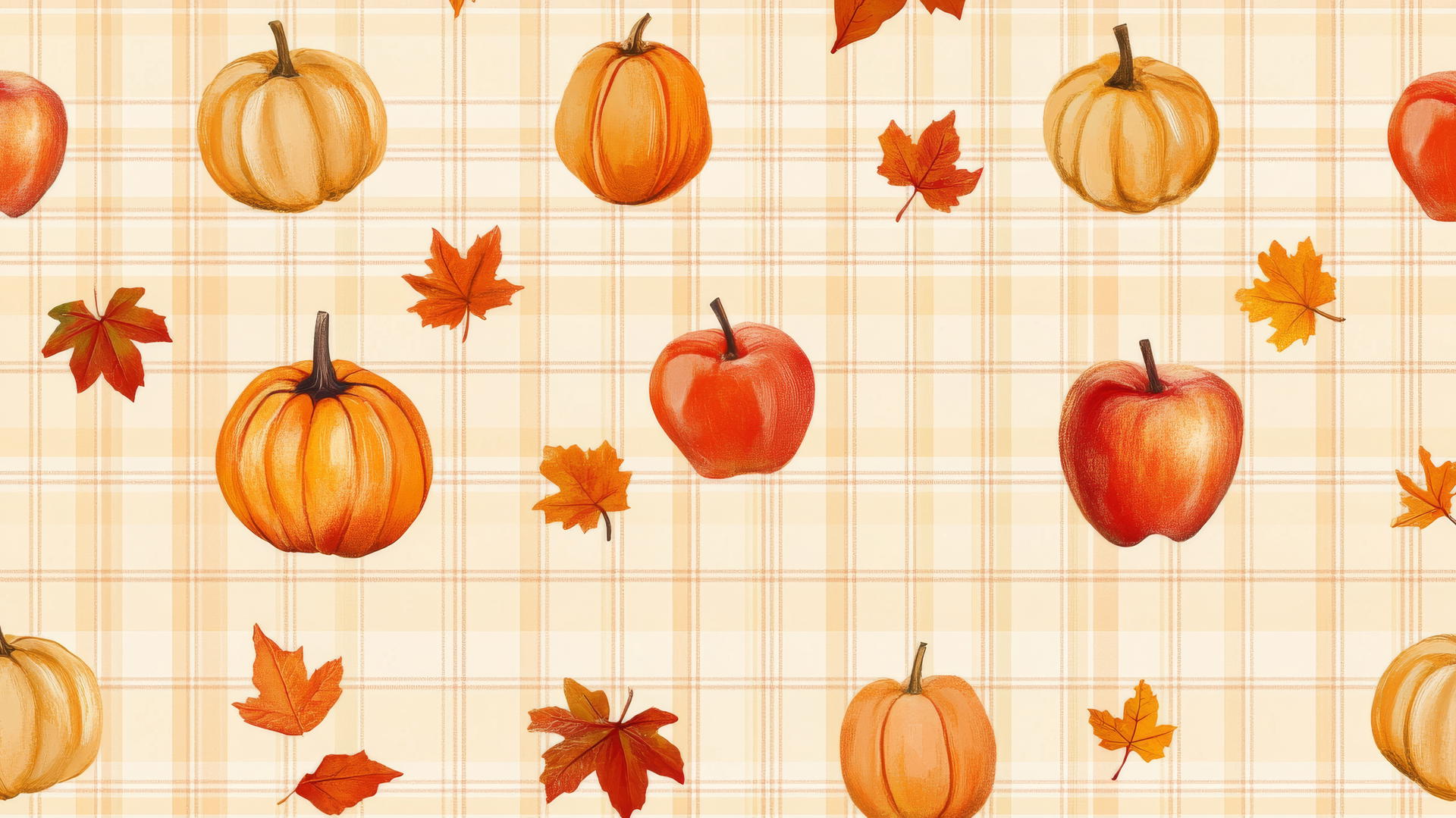 preppy fall wallpaper with plaid, apples, pumpkins, and leaves in orange and cream