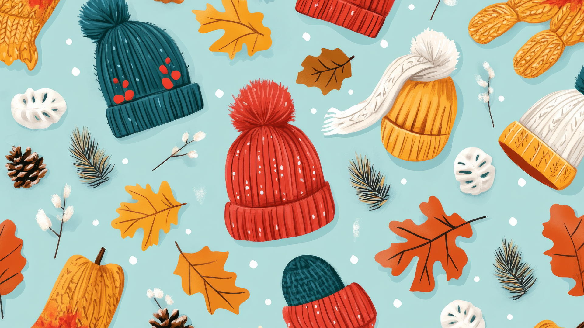 preppy fall wallpaper with cozy items like knit hats, mittens, and scarves on a pastel teal background