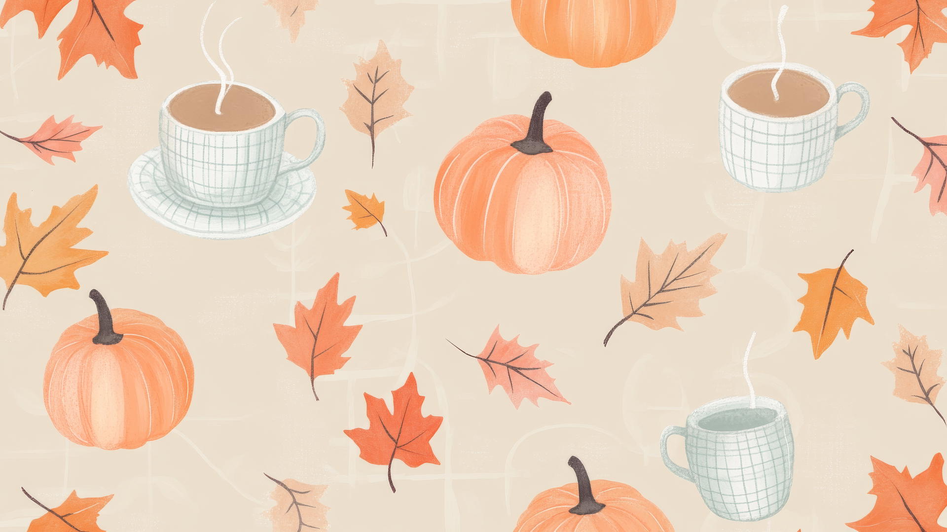 preppy fall wallpaper with pastel-colored leaves, pumpkins, and coffee cups on light brown background