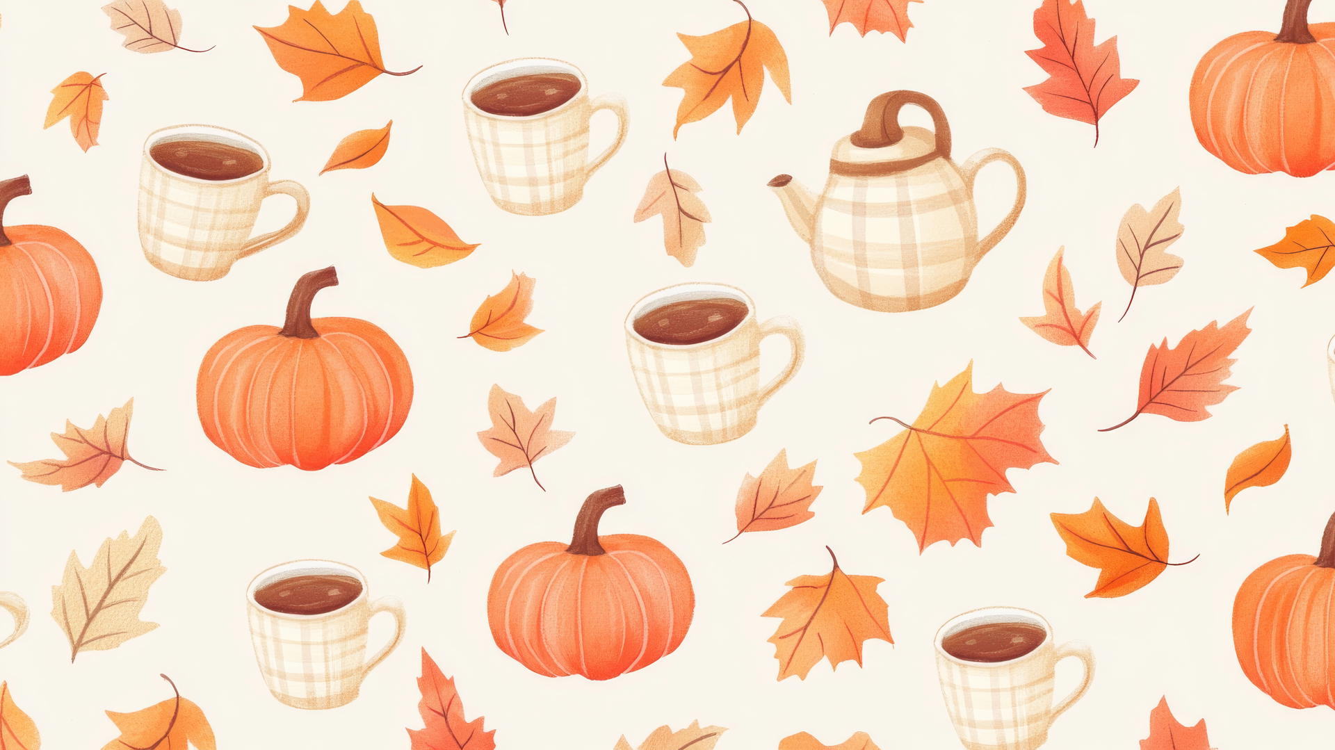 preppy fall wallpaper with pastel-colored leaves, pumpkins, and coffee cups on a light brown background with plaid accents