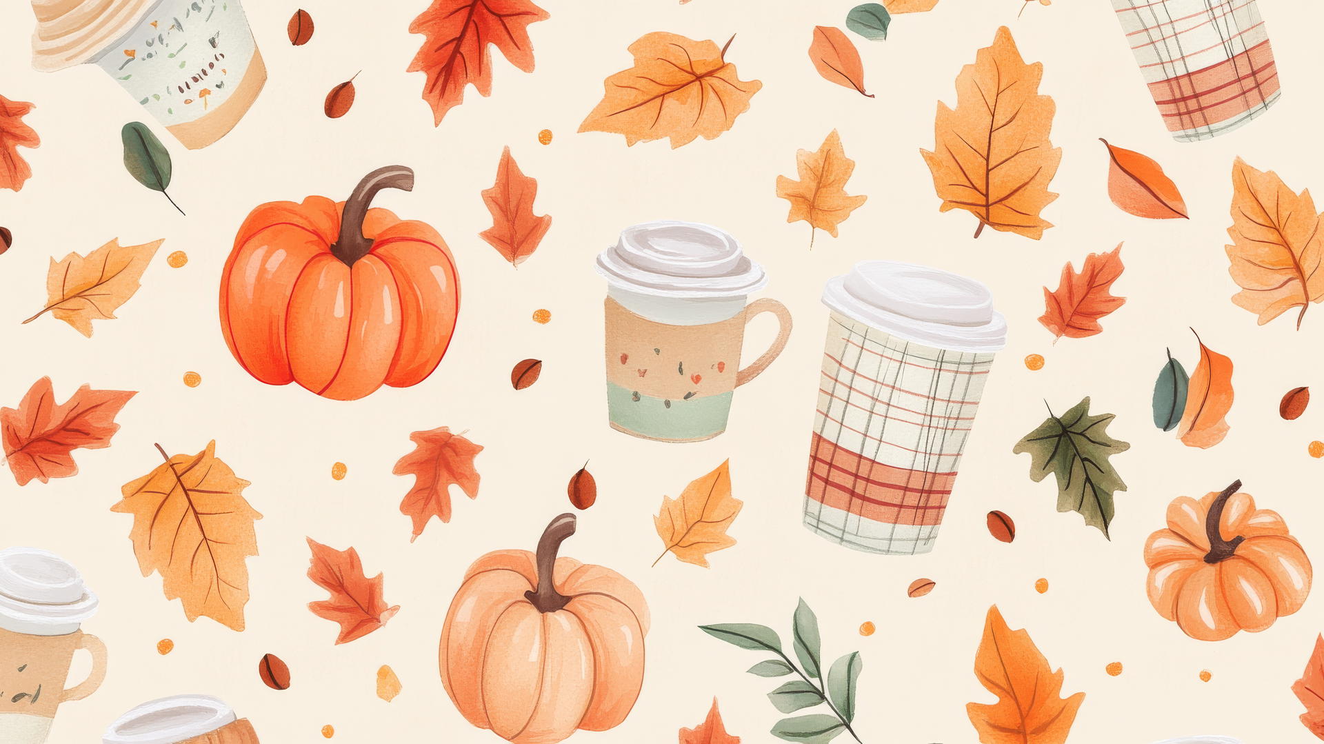 preppy fall wallpaper with pastel-colored leaves, pumpkins, and coffee cups on light brown