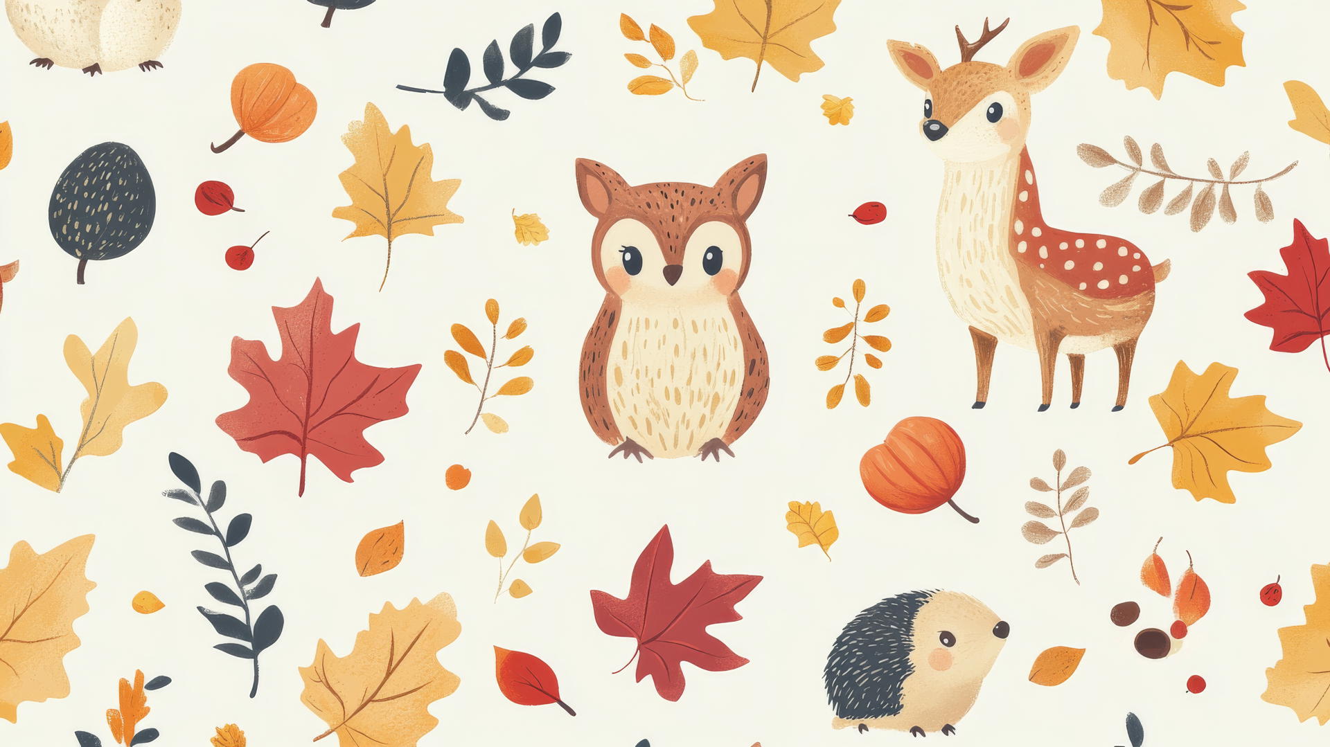 preppy fall wallpaper with cute woodland animals, autumn leaves, and acorns
