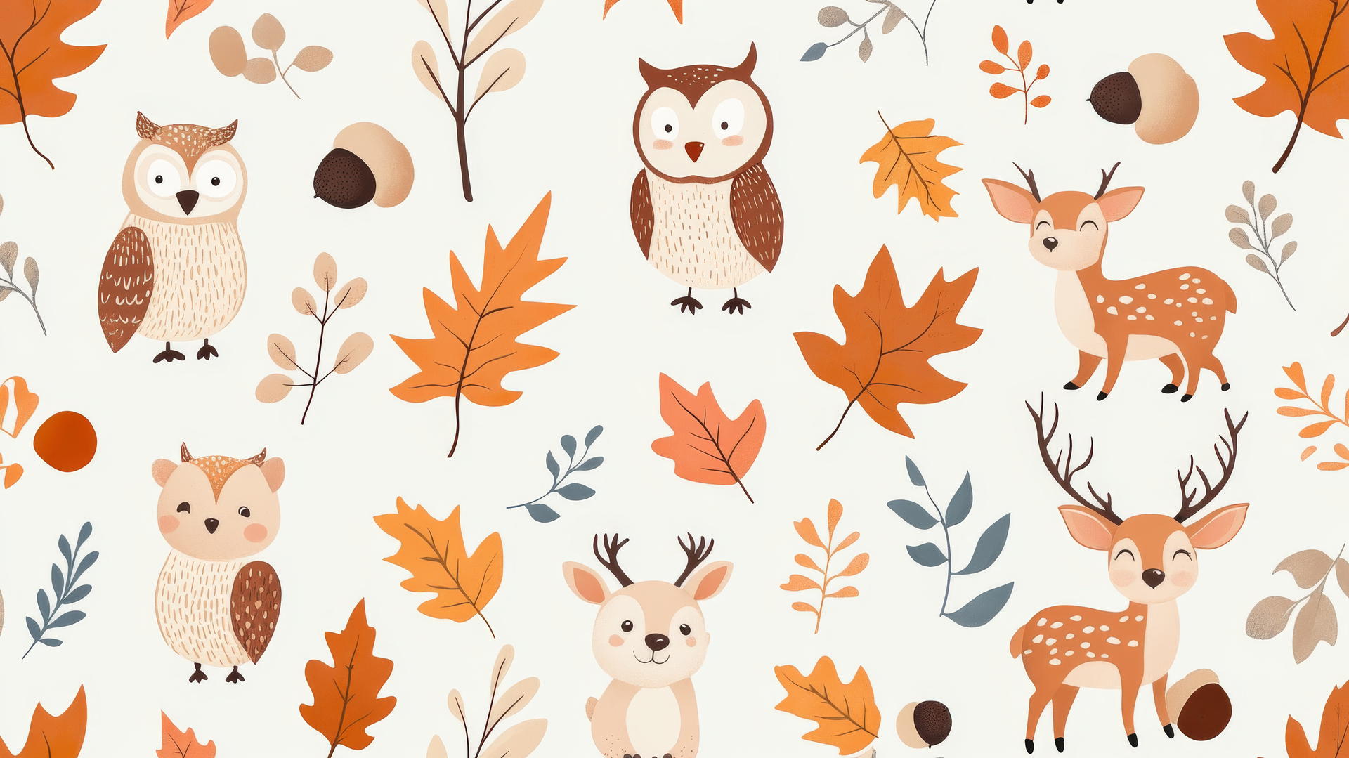 Preppy fall wallpaper with woodland animals and autumn leaves