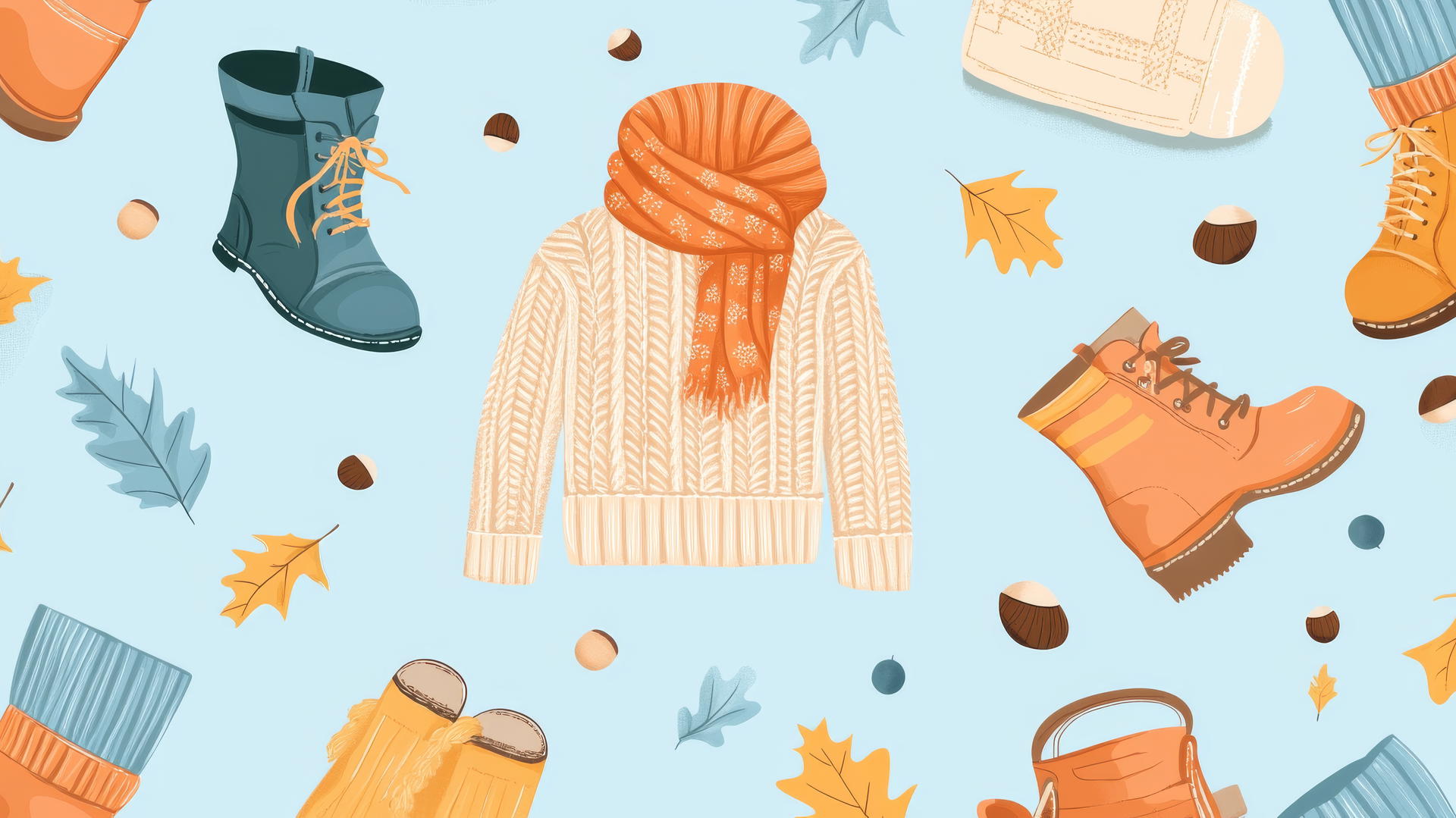 preppy fall wallpaper with cozy sweaters, scarves, boots, acorns, and leaves on a light blue background