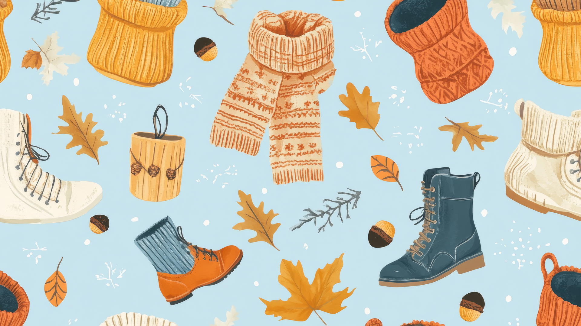 preppy fall wallpaper with cozy sweaters, scarves, boots, acorns, and leaves on a light blue background