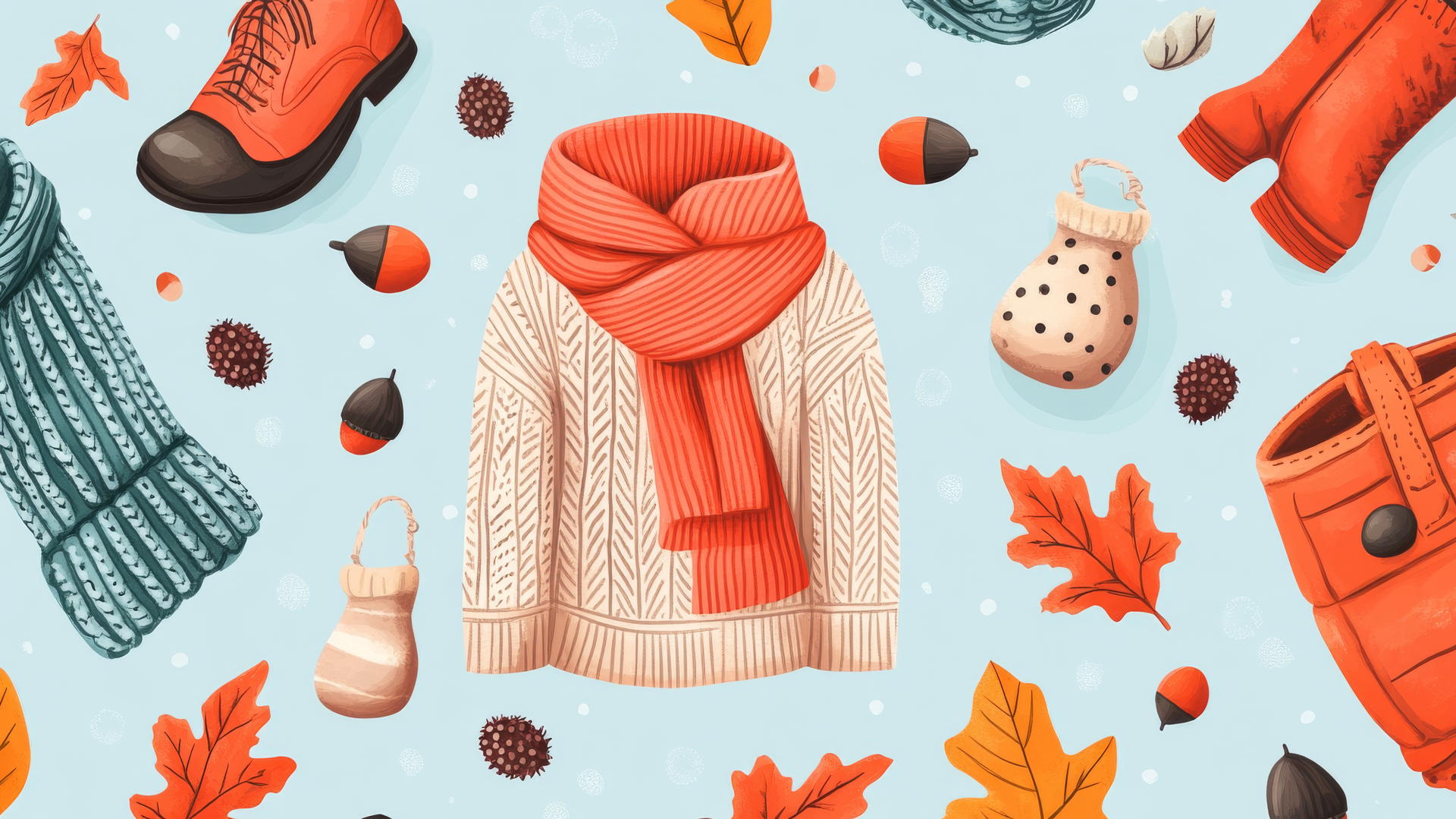 preppy fall wallpaper with cozy sweaters, scarves, boots, acorns, and leaves on a light blue background