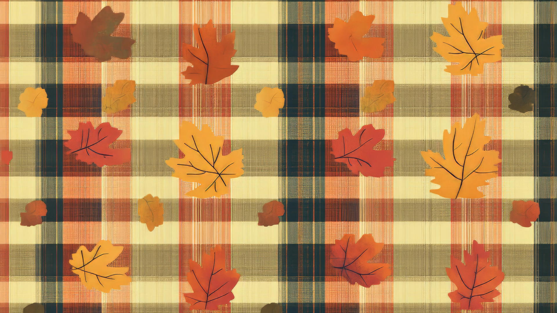 preppy fall wallpaper with warm-toned plaid and scattered autumn leaves
