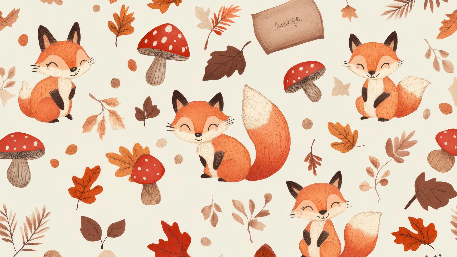 preppy fall wallpaper with cute foxes and squirrels, fall leaves, and mushrooms