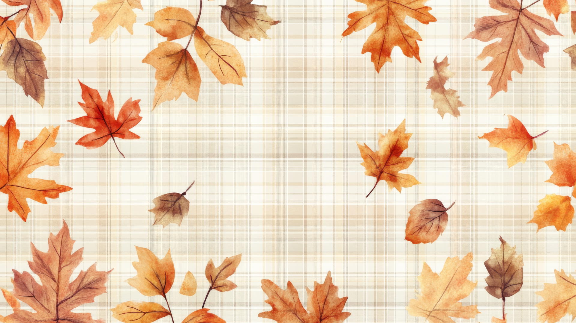 preppy fall wallpaper with warm-toned plaid and scattered autumn leaves