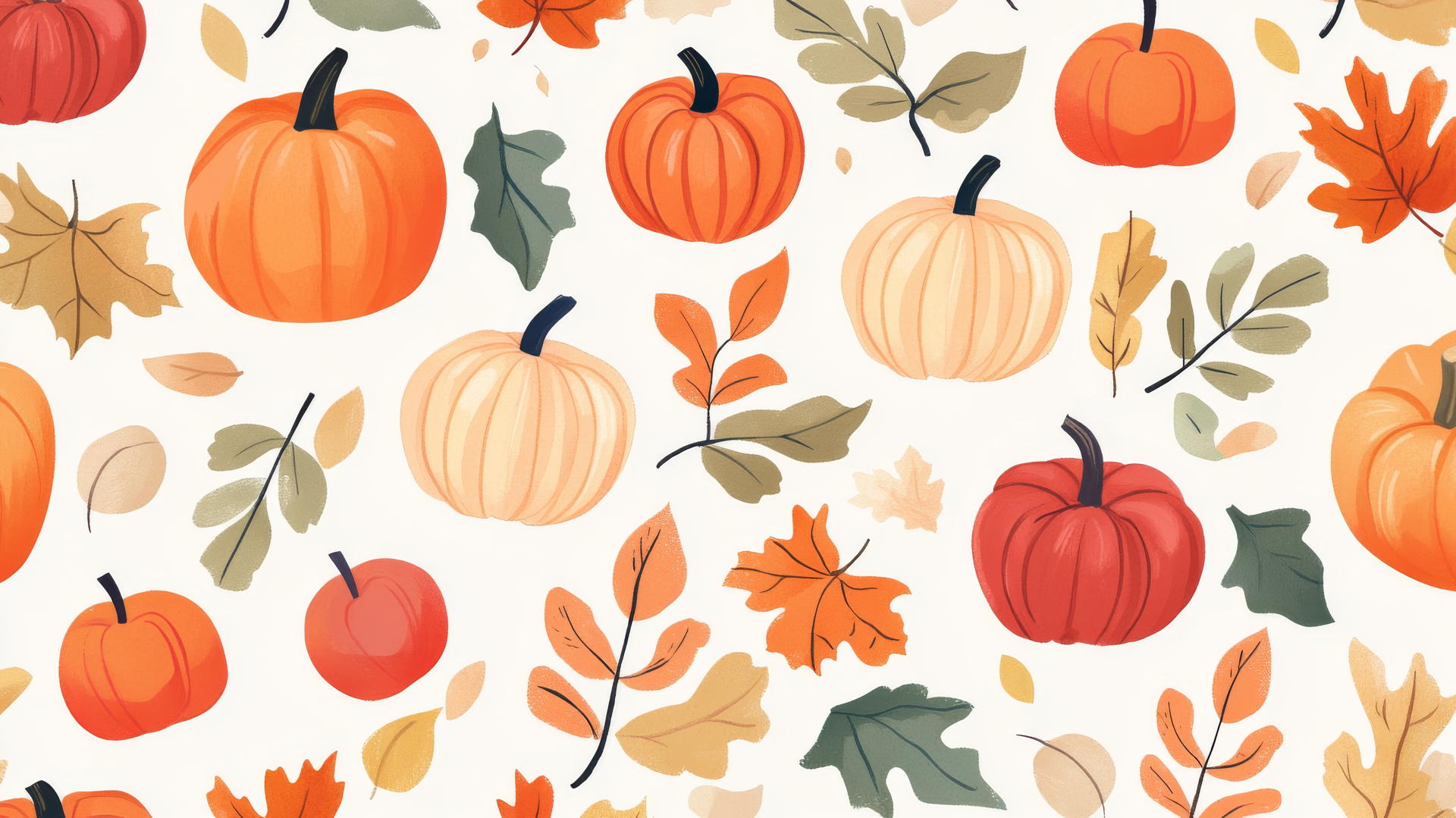 preppy fall wallpaper with cartoon pumpkins, apples, and leaves in pastel colors