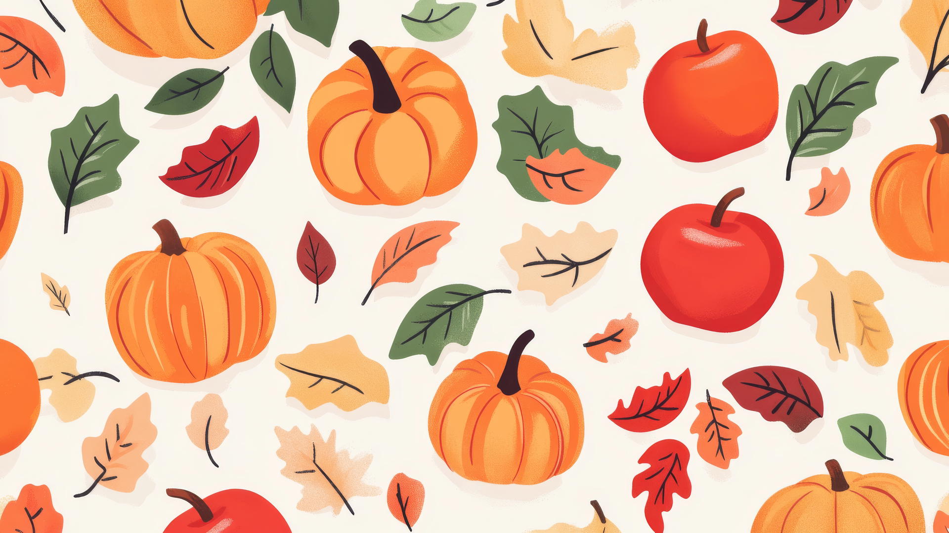preppy fall wallpaper with pumpkins, apples, and fall leaves in pastel colors
