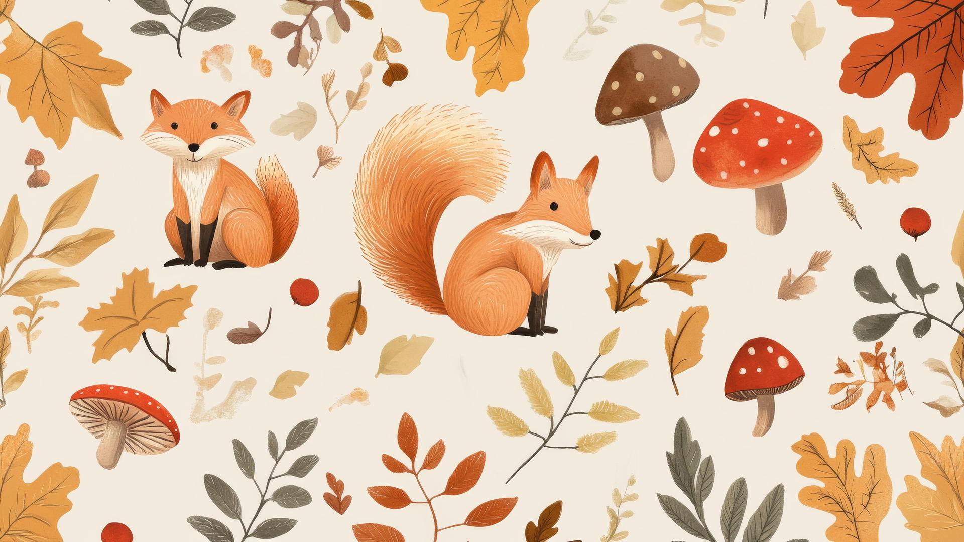 preppy fall wallpaper with cute foxes, squirrels, leaves, and mushrooms on beige
