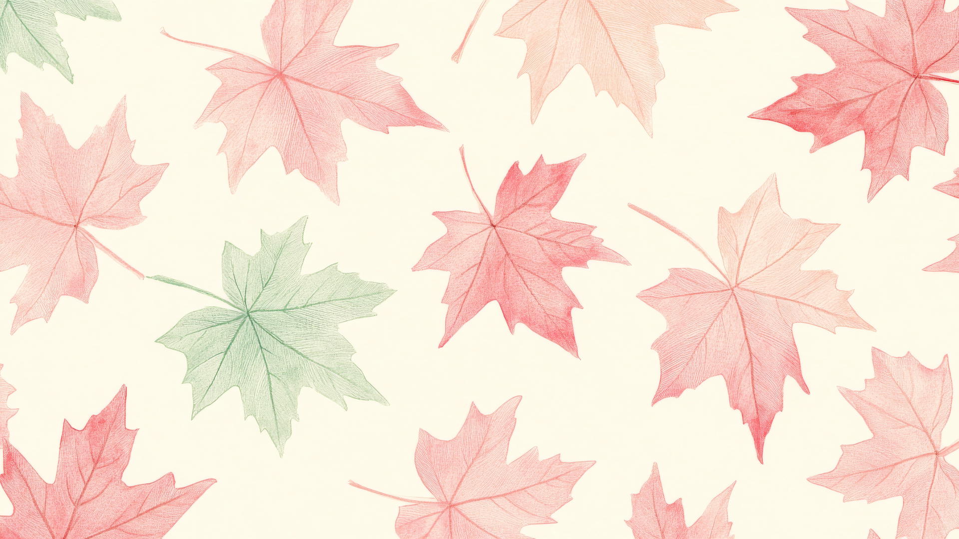 Preppy fall wallpaper with hand-drawn pastel pink and mint green maple leaves on a soft cream background.