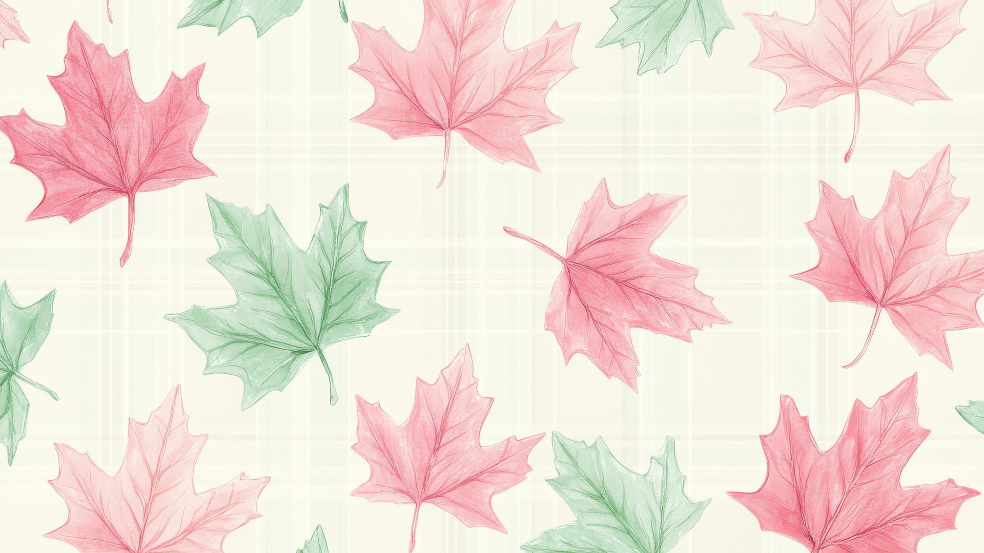 Preppy fall wallpaper with pastel pink and mint green hand-drawn maple leaves on a cream background.