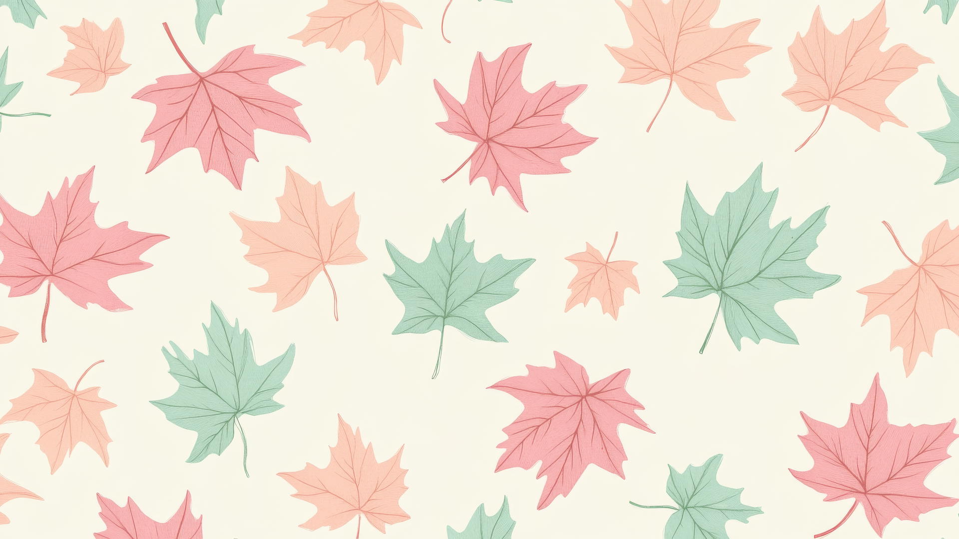 preppy fall wallpaper with hand-drawn pastel pink and mint green maple leaves on a cream background with plaid accents