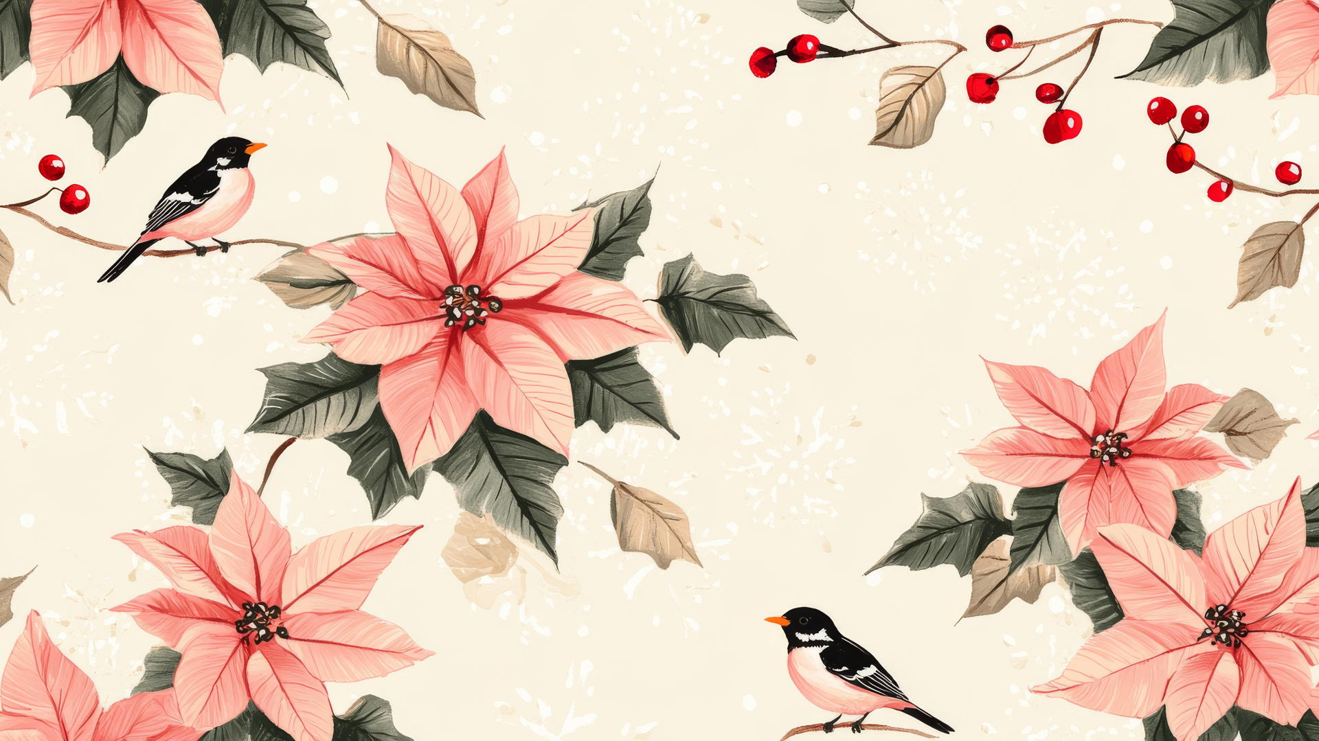 preppy winter wallpaper with pink poinsettias and tiny winter birds on beige background