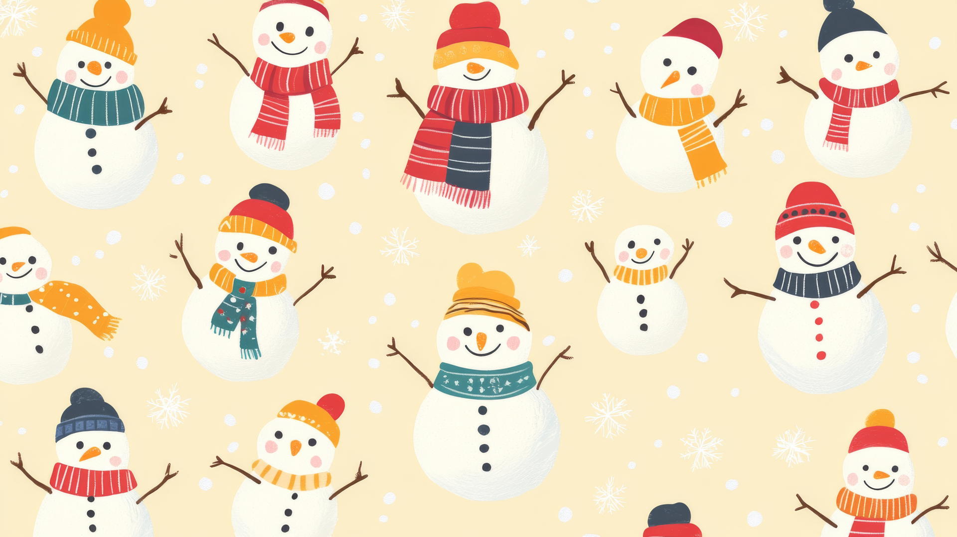 Preppy winter wallpaper with colorful scarves on cheerful snowmen