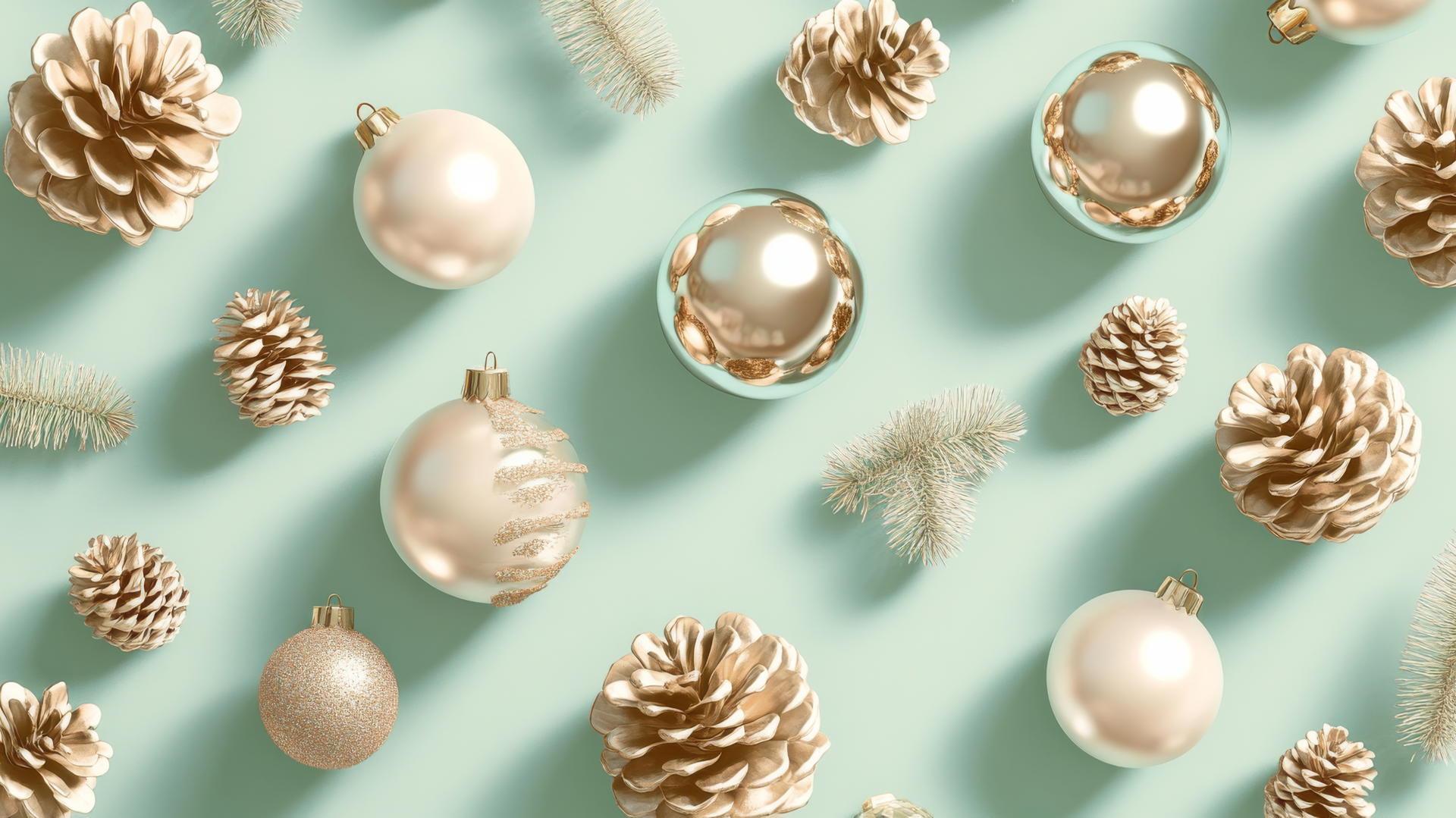 preppy winter wallpaper with shiny holiday ornaments and pinecones on pastel green