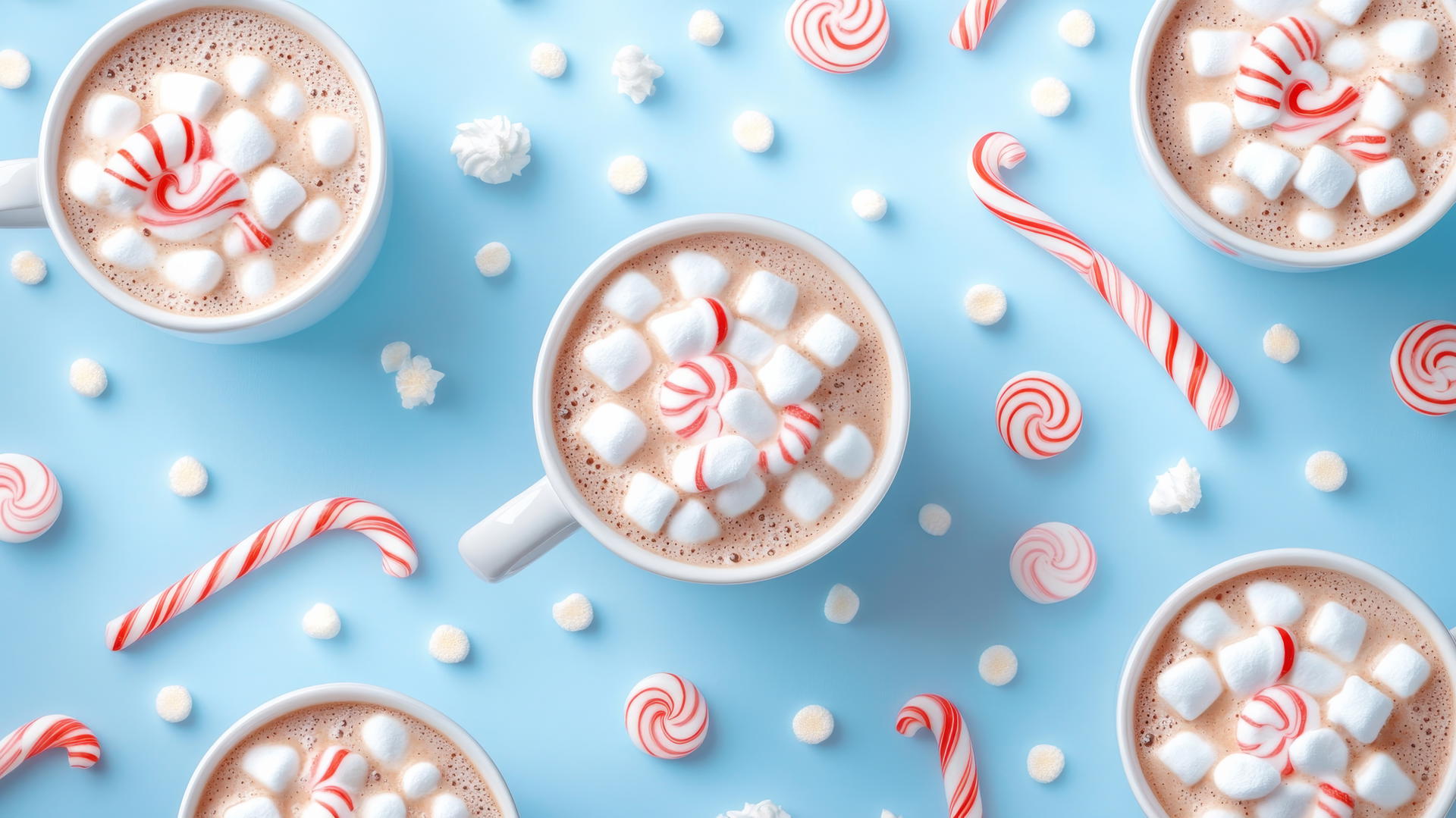 preppy winter wallpaper with hot cocoa mugs, marshmallows, and candy canes on pastel blue