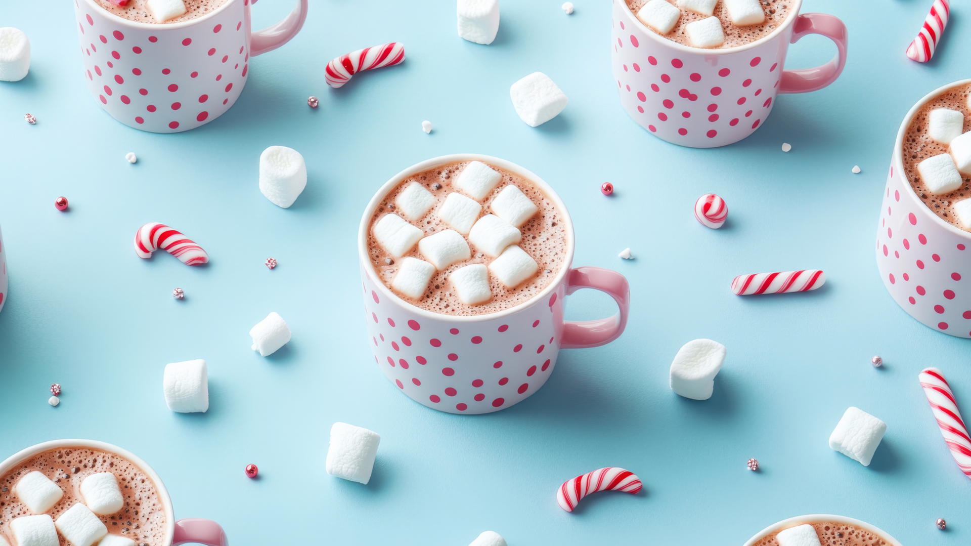 preppy winter wallpaper with hot cocoa mugs, marshmallows, candy canes, and whipped cream against pastel blue