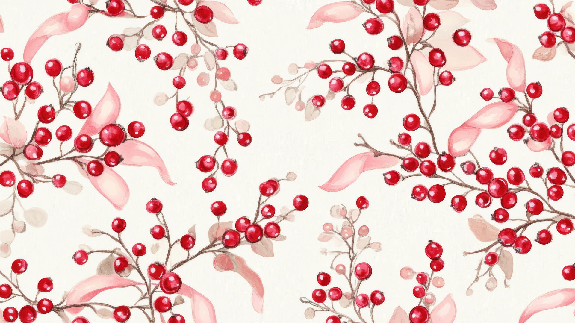 preppy winter wallpaper with red berries and pink ribbon bows on cream background