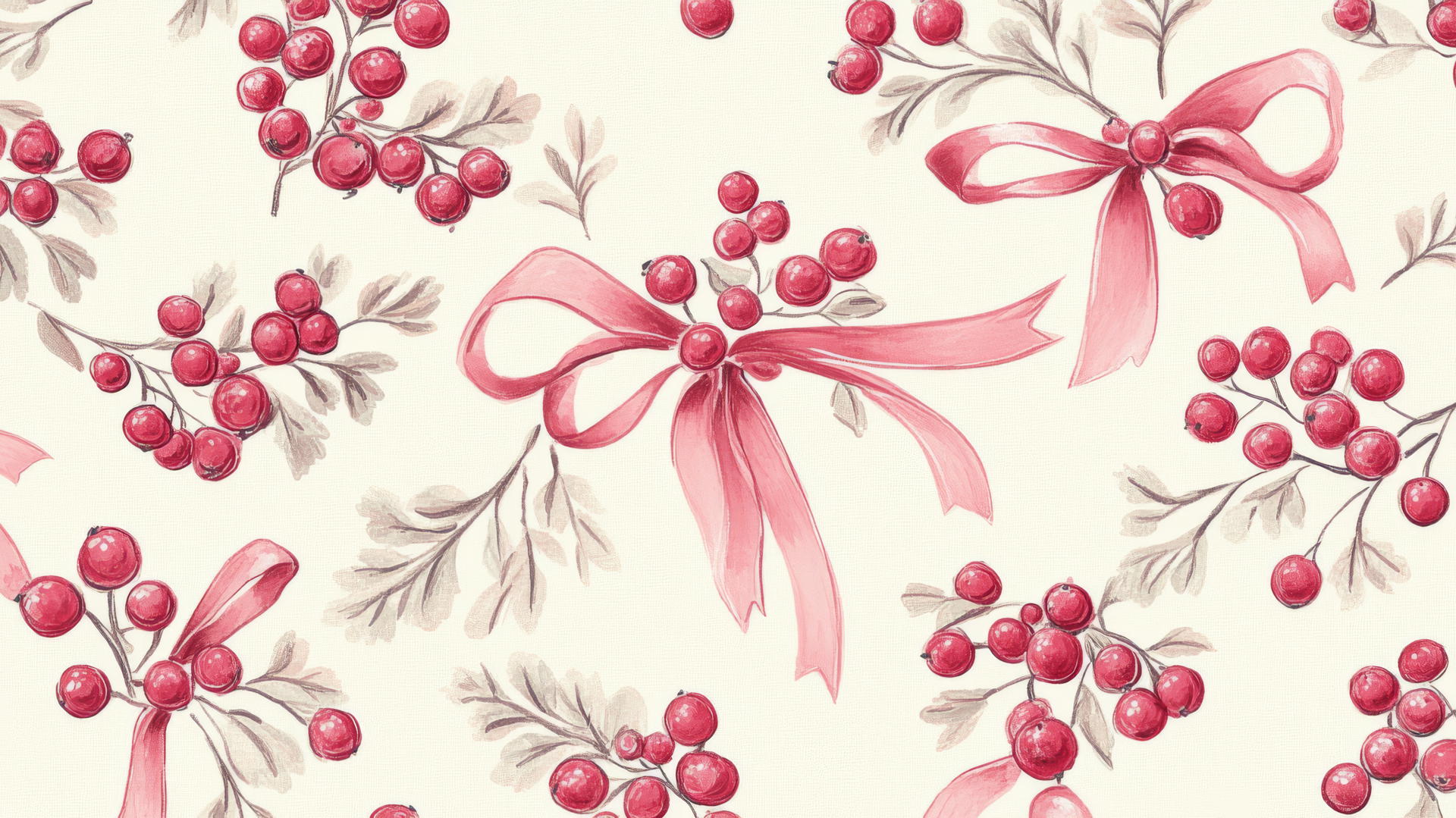 Preppy winter wallpaper with red winter berries and pink ribbon bows on light cream background