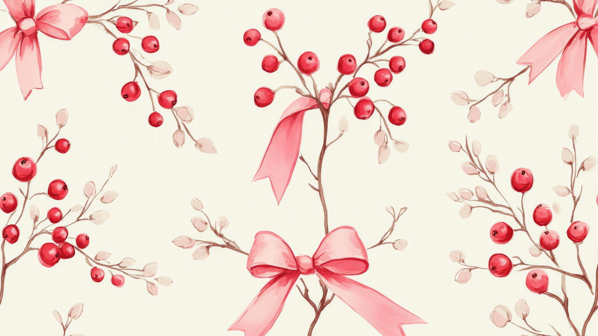 preppy winter wallpaper with red berries and pink ribbon bows on light cream background