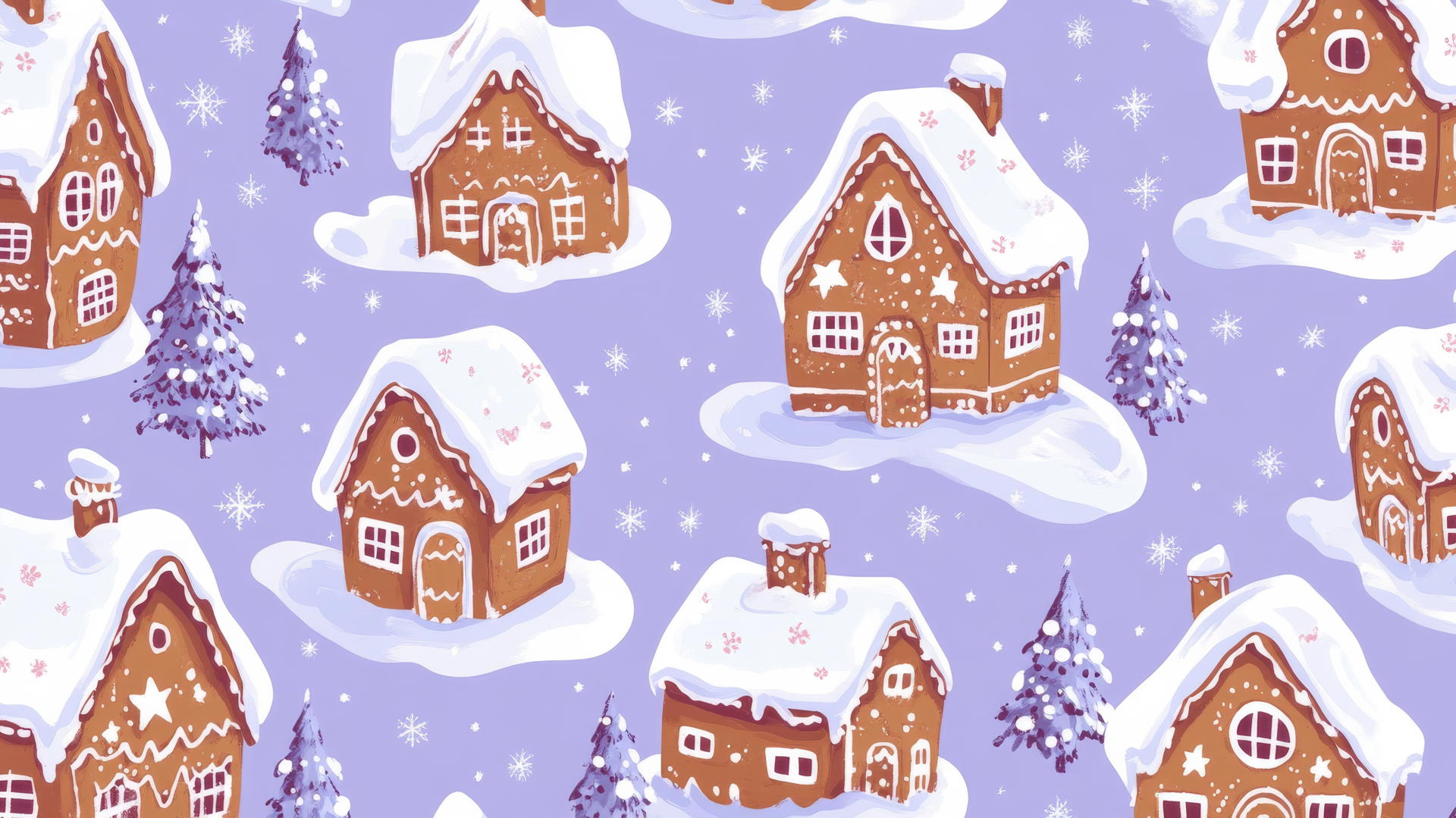 Preppy winter wallpaper with gingerbread houses and snow