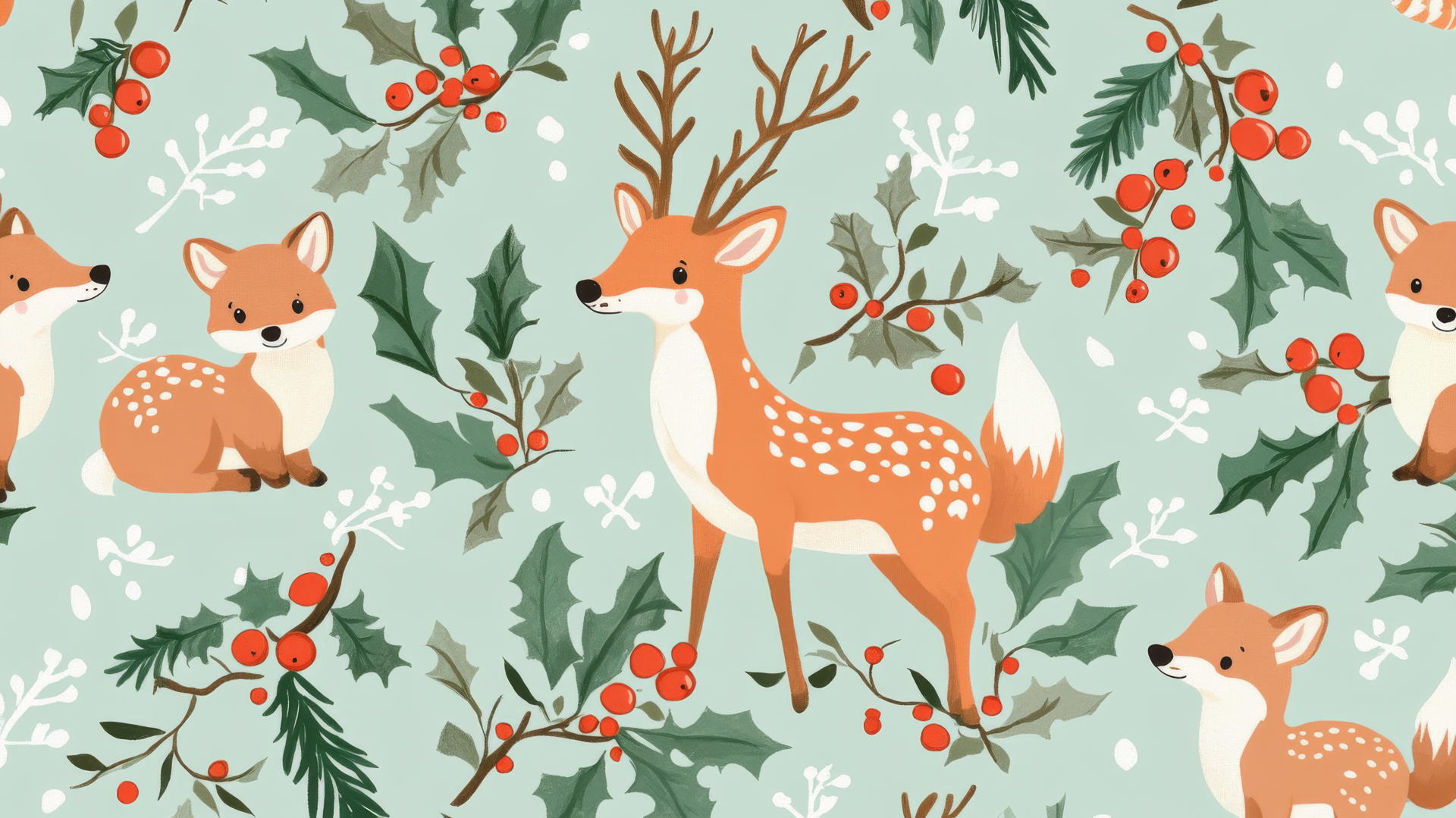preppy winter wallpaper with cute deer and foxes, holly leaves, and berries on pale mint green