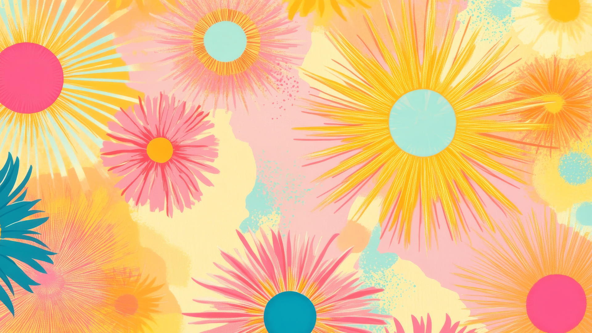 Preppy spring wallpaper with sunbursts and abstract flowers in vibrant colors on a pastel background.