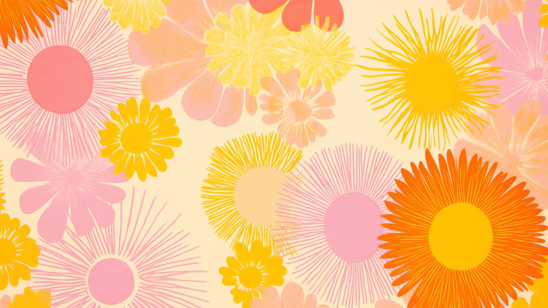 preppy spring wallpaper with sunbursts and abstract flowers in vibrant yellows, pinks, and oranges on a pastel background