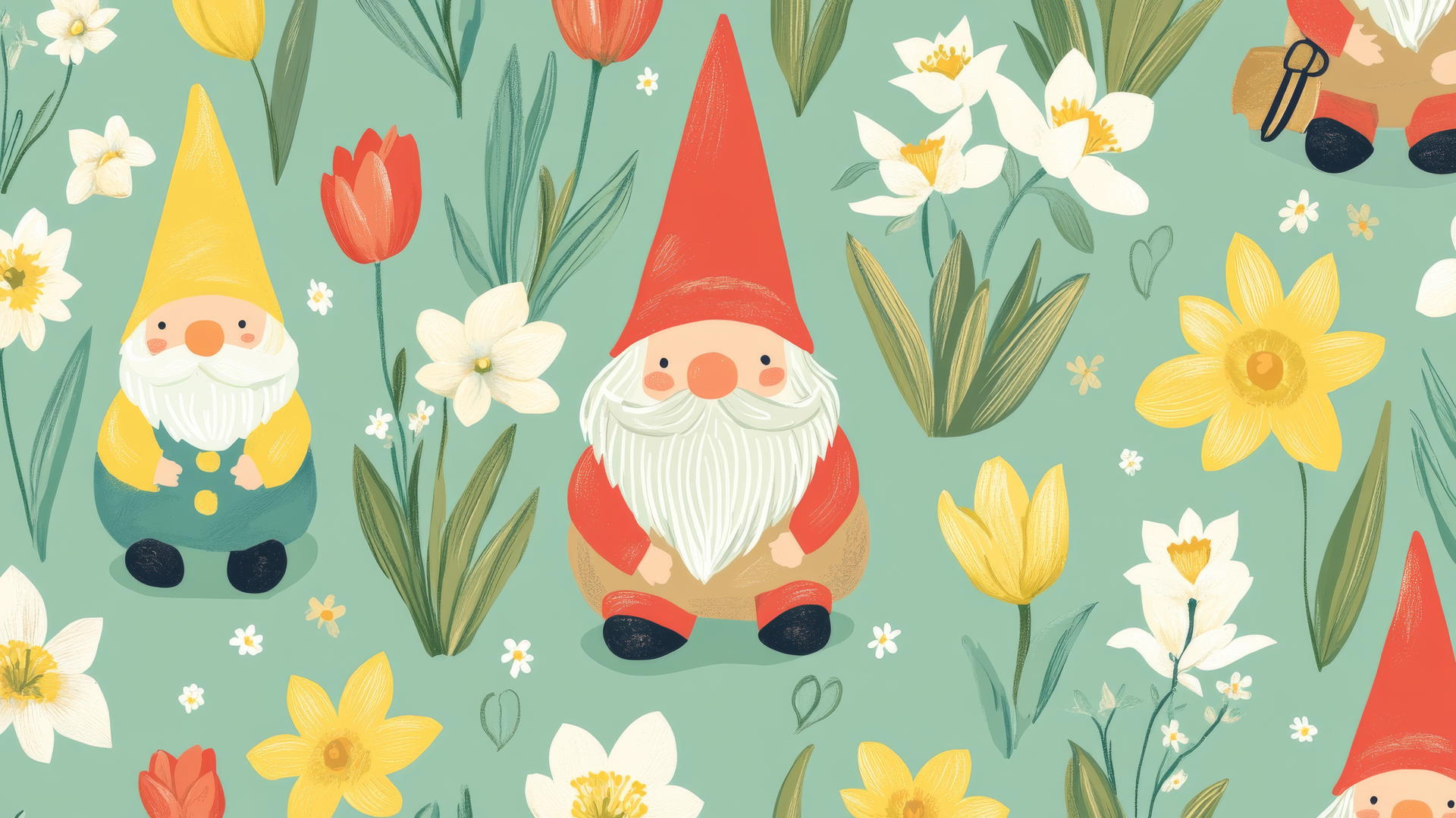 Preppy spring wallpaper with whimsical garden gnomes and blooming flowers
