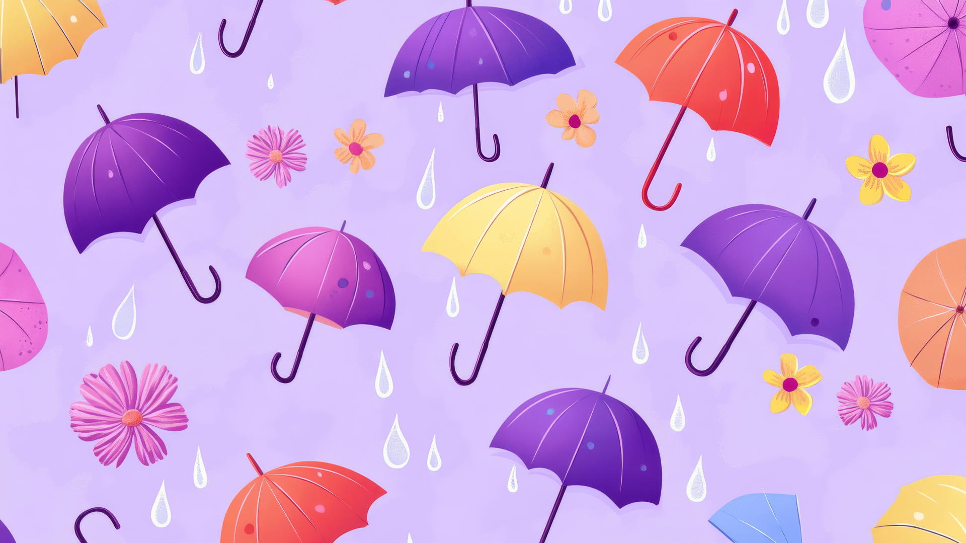 Preppy spring wallpaper with colorful umbrellas, raindrops, and blooming flowers