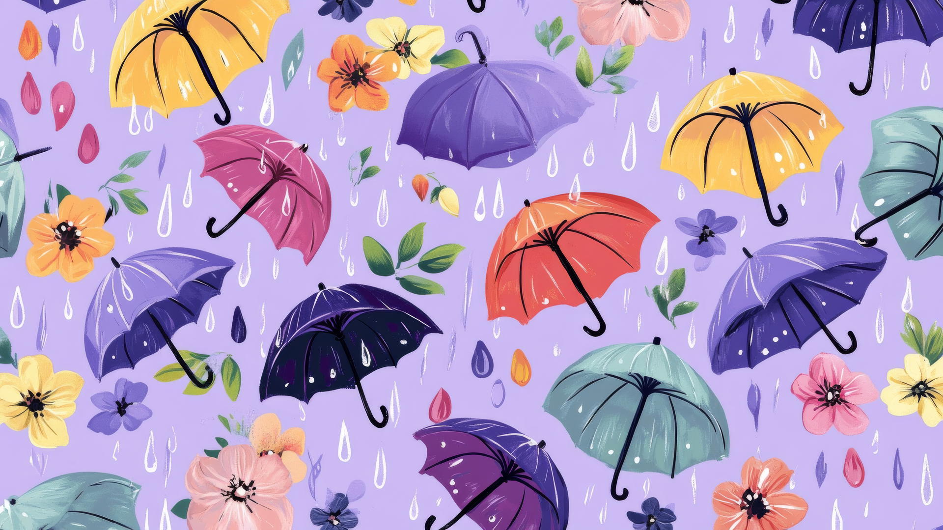 Preppy spring wallpaper with colorful umbrellas, raindrops, and blooming flowers on lavender background