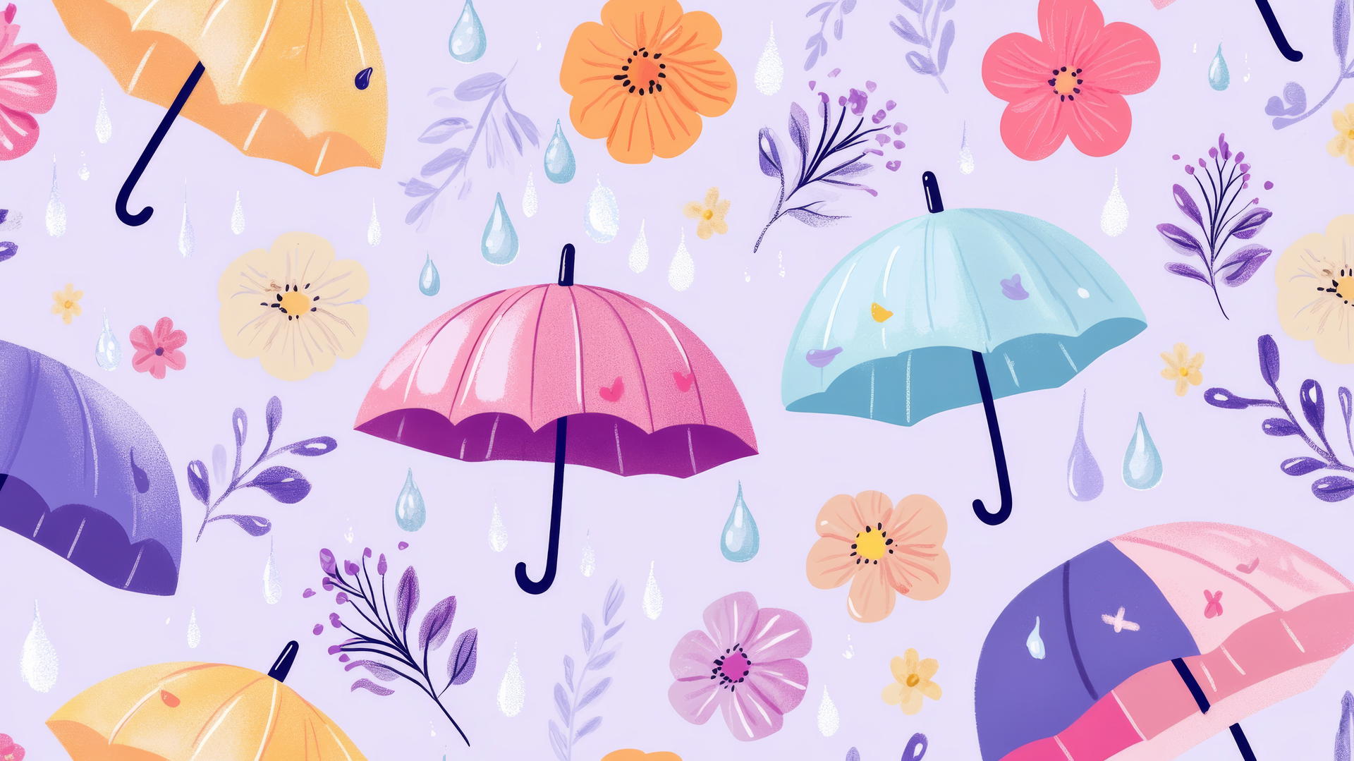 Preppy spring wallpaper with colorful umbrellas, raindrops, and blooming flowers on lavender background.