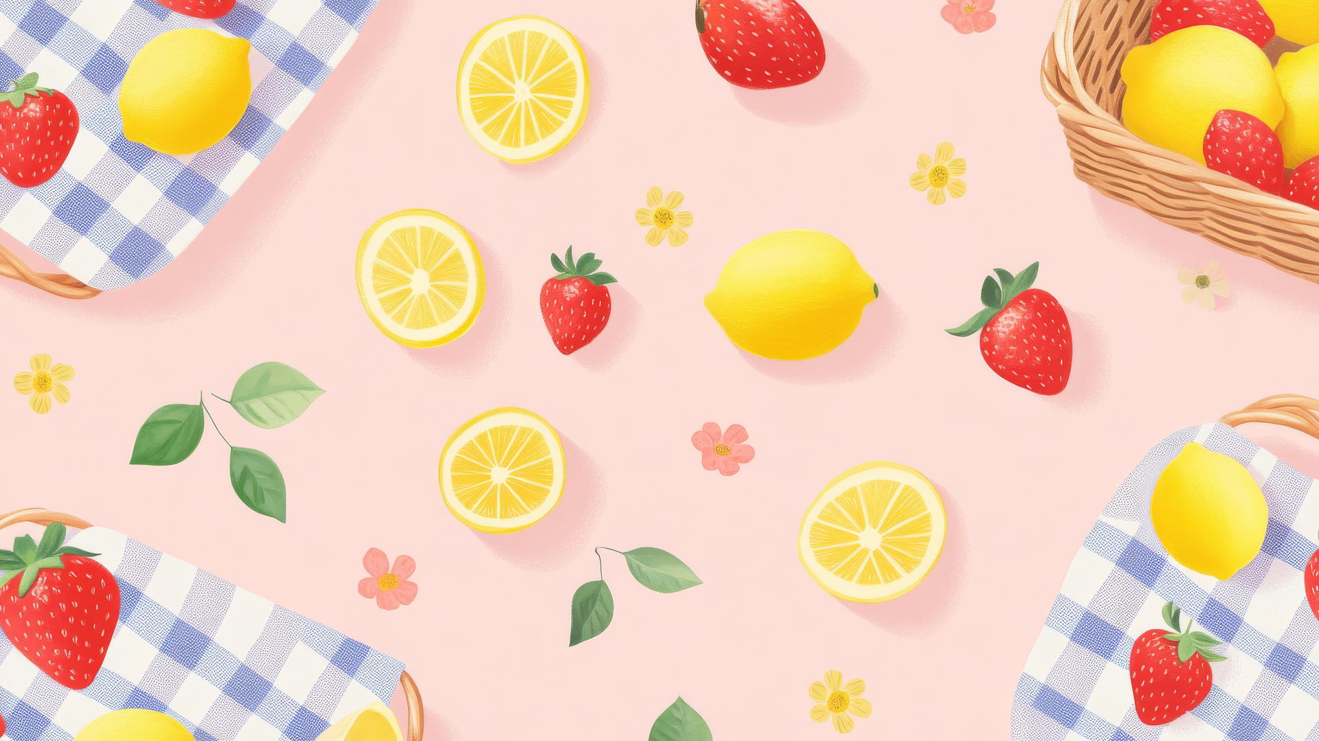 preppy spring wallpaper with picnic baskets, gingham blankets, strawberries, and lemons
