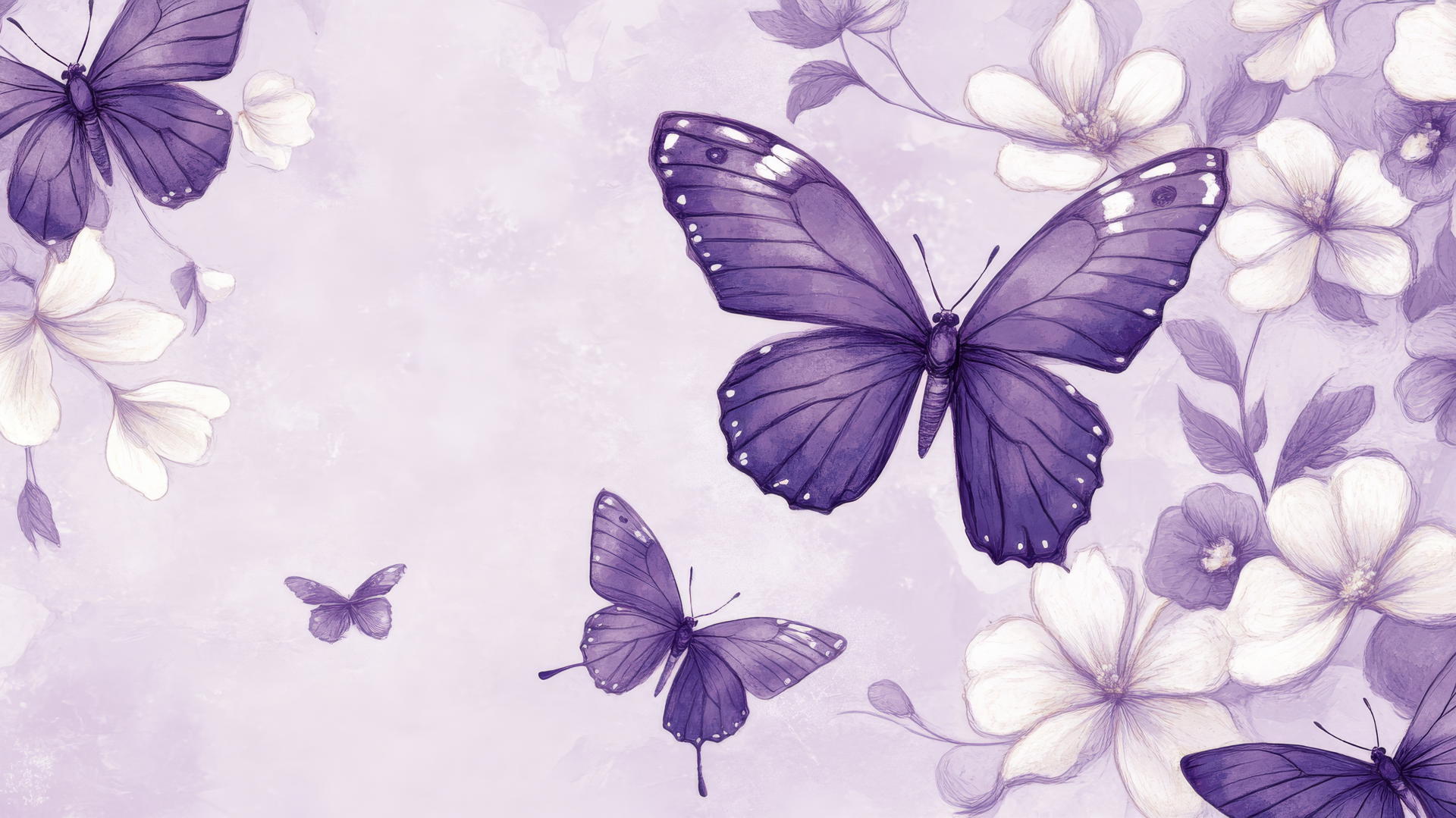 purple preppy wallpaper with whimsical purple butterflies and delicate white flowers on light purple background