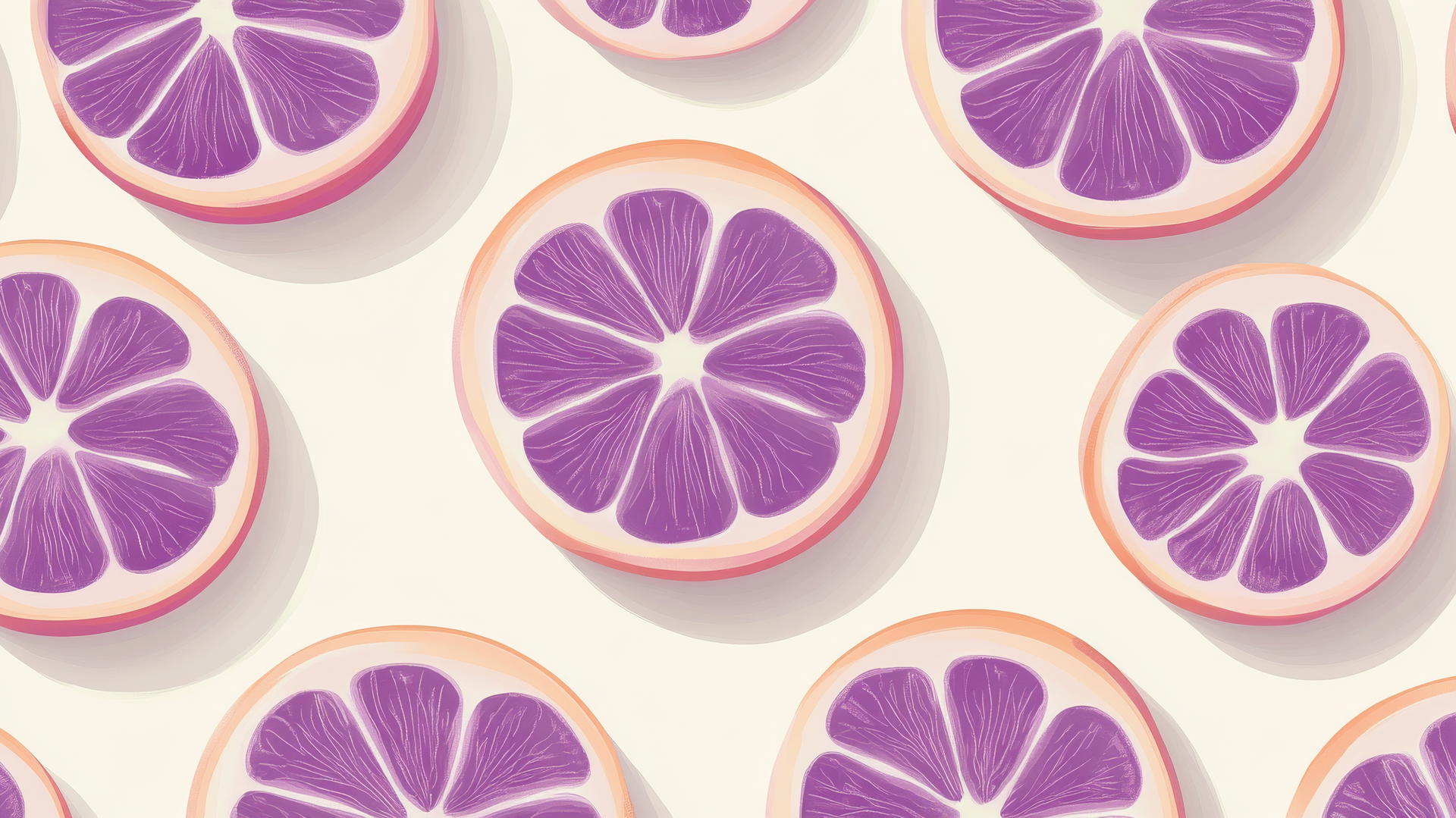 purple preppy wallpaper with sliced purple grapefruits in isometric layout on cream background.