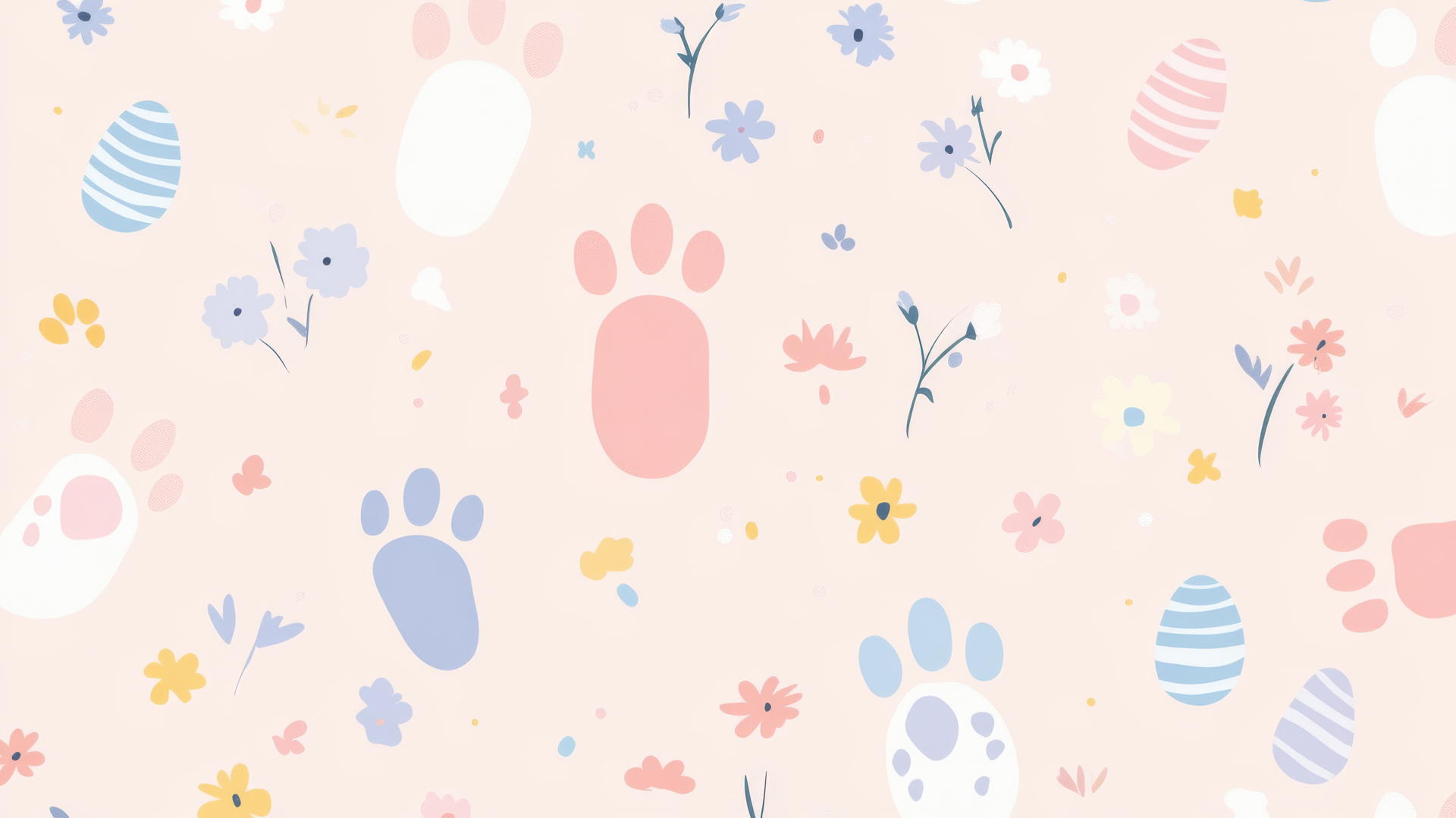 Preppy Easter wallpaper with pastel bunny footprints, flowers, and eggs on pink background