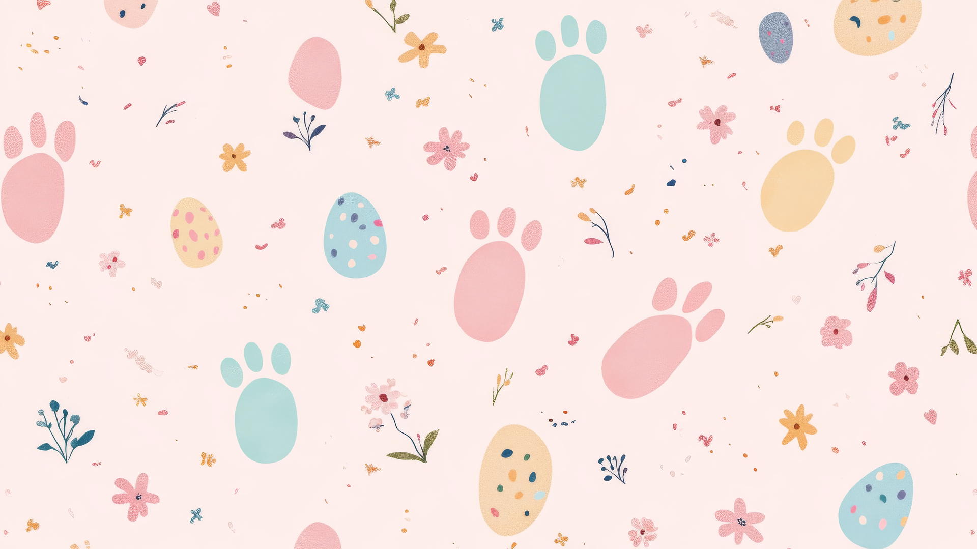 Preppy Easter wallpaper with pastel bunny footprints and small flowers on pink