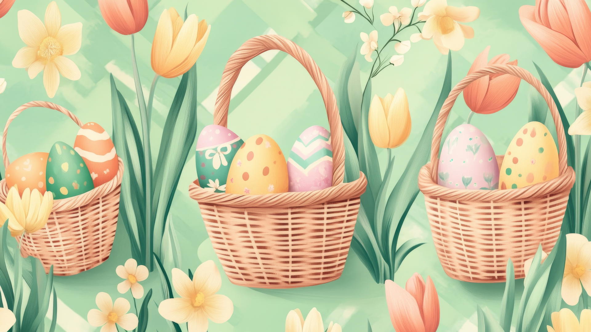 Preppy Easter wallpaper of stylish baskets with colorful eggs and flowers