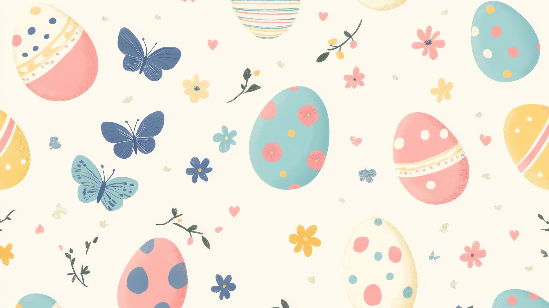 Preppy Easter wallpaper with pastel-colored eggs, flowers, and butterflies.