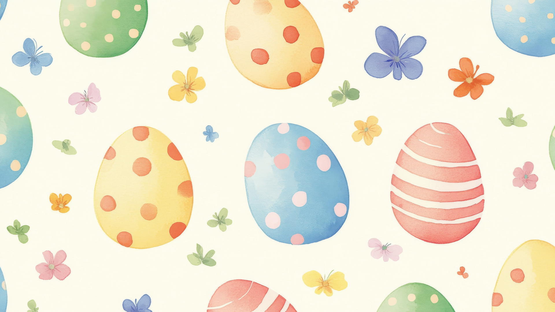 preppy easter wallpaper with pastel-colored eggs, polka dots, stripes, small flowers, and butterflies
